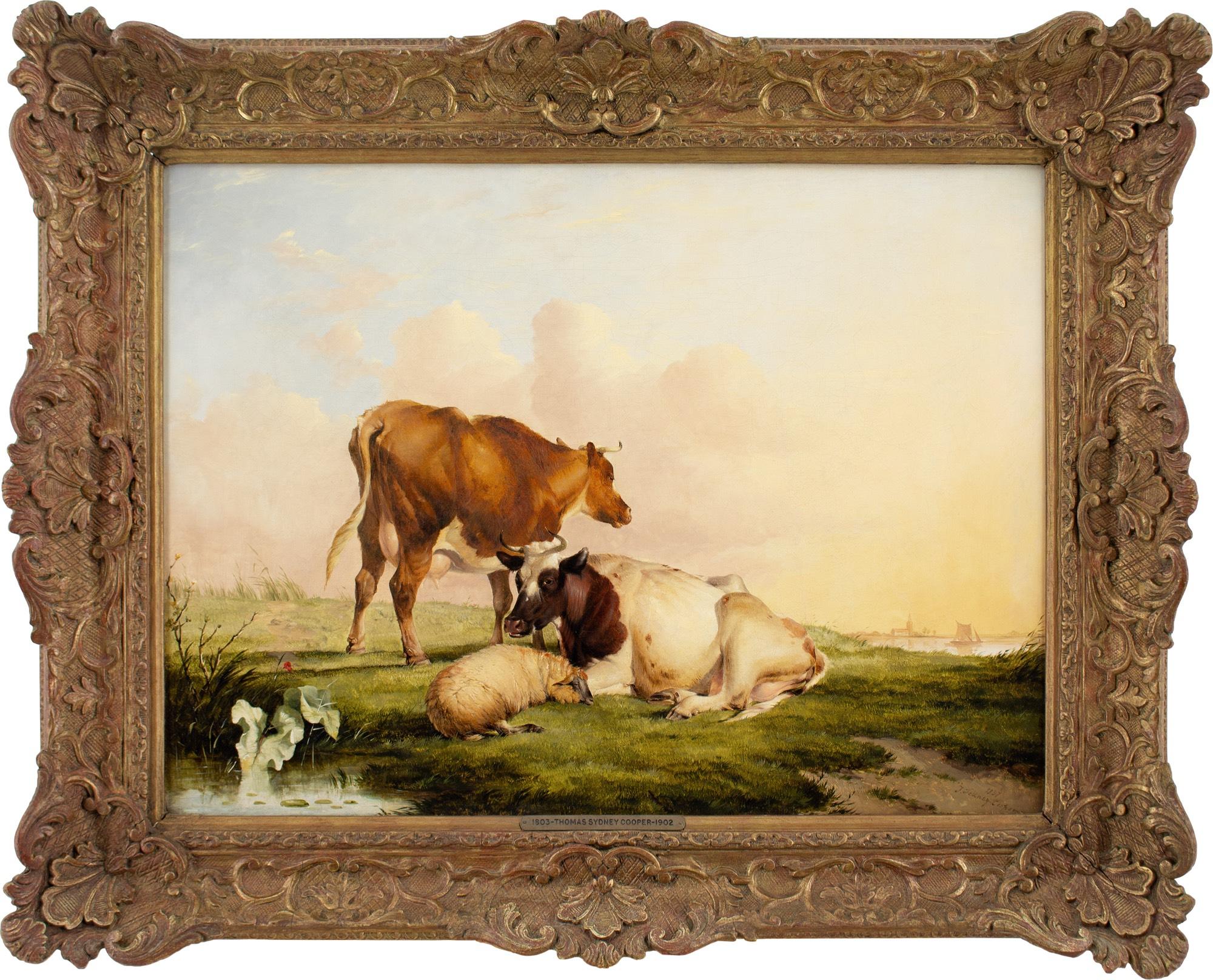This fine mid-19th-century oil painting by British artist Thomas Sidney Cooper RA (1803-1902) depicts two cows and a sheep in a landscape. Cooper was a distinguished painter of the natural world who became one of the foremost masters of his genre