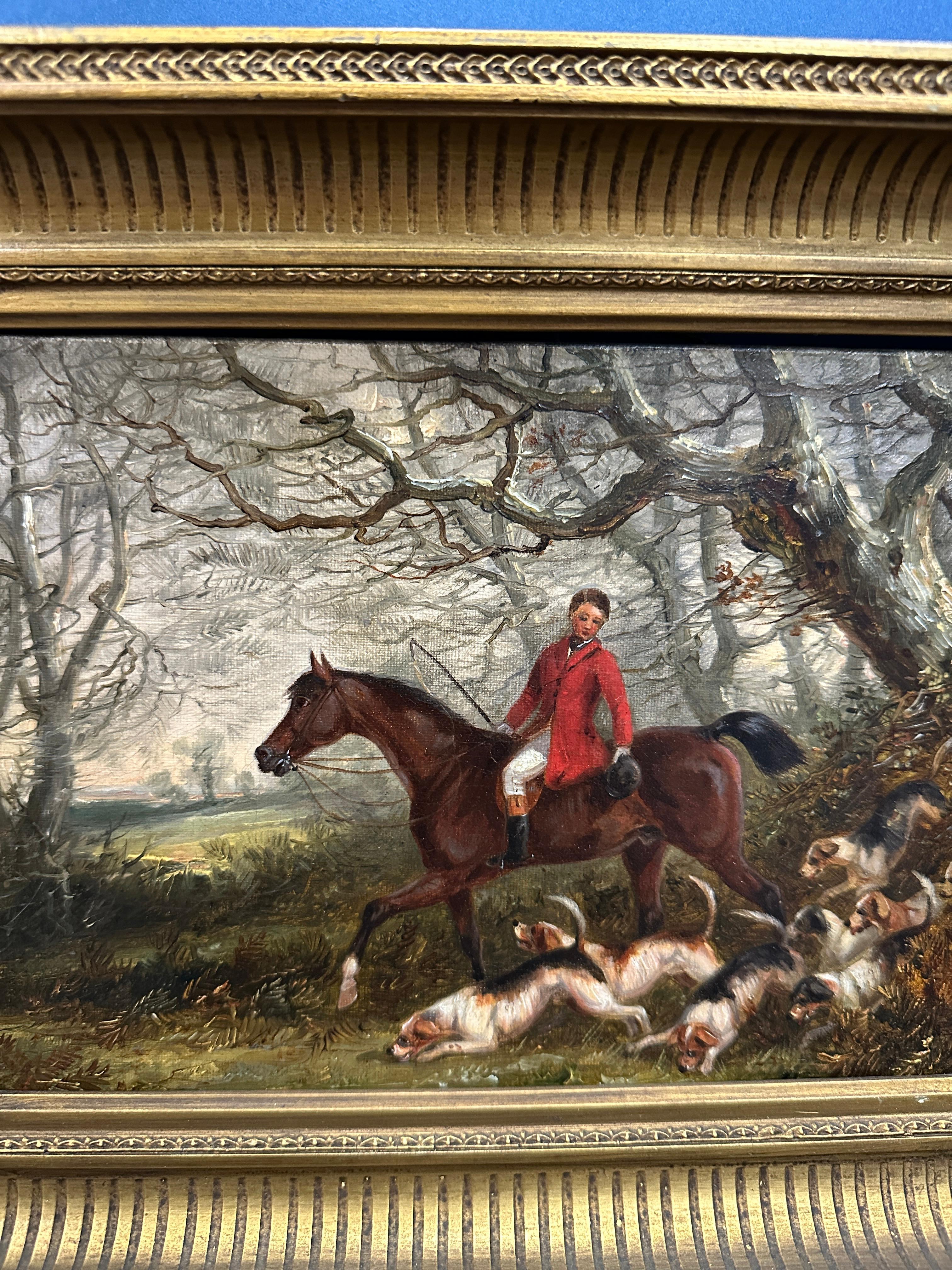 English 19th century Fox hunting scenes with huntsman and hounds in landscape For Sale 8