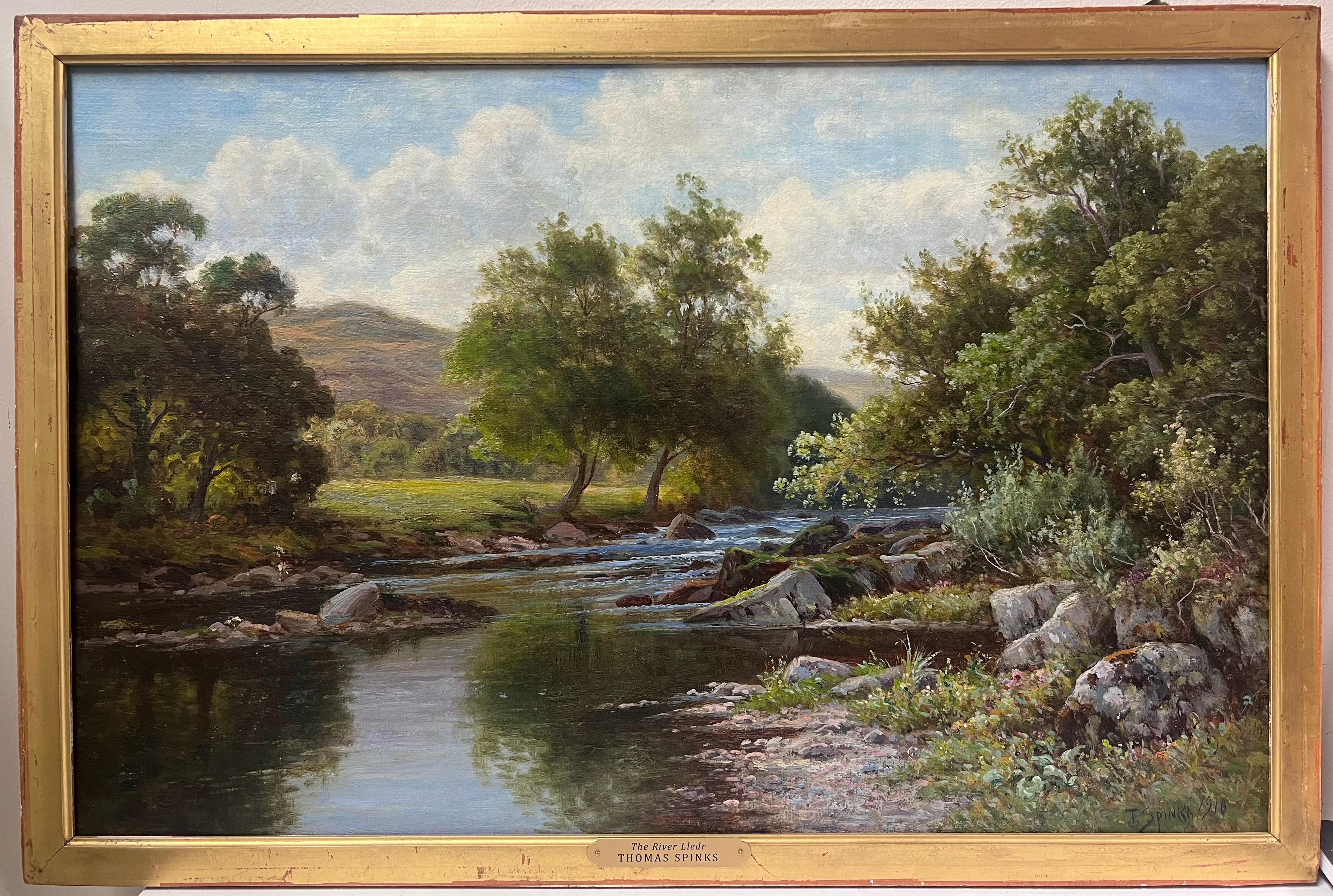 Grande dipinto a olio su pannello di epoca edoardiana Paesaggio fluviale tranquillo Fiume Gallese - Painting di Thomas Spinks 