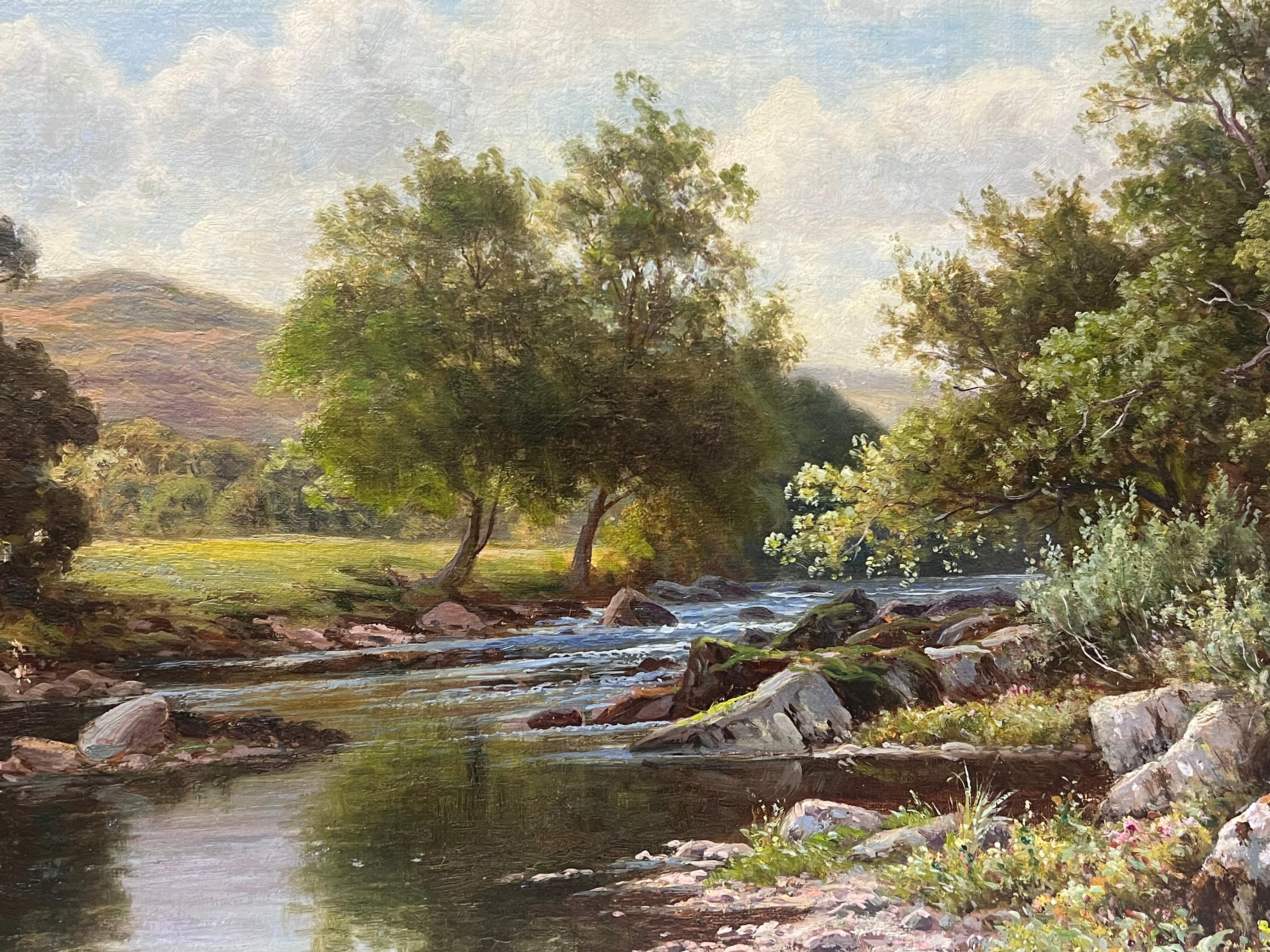 Grande dipinto a olio su pannello di epoca edoardiana Paesaggio fluviale tranquillo Fiume Gallese - Painting Vittoriano di Thomas Spinks 