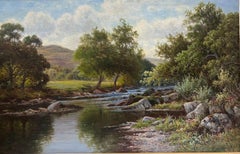 Großes edwardianisches Ölgemälde auf Tafel Tranquil Flusslandschaft Welsh River, Welsh River