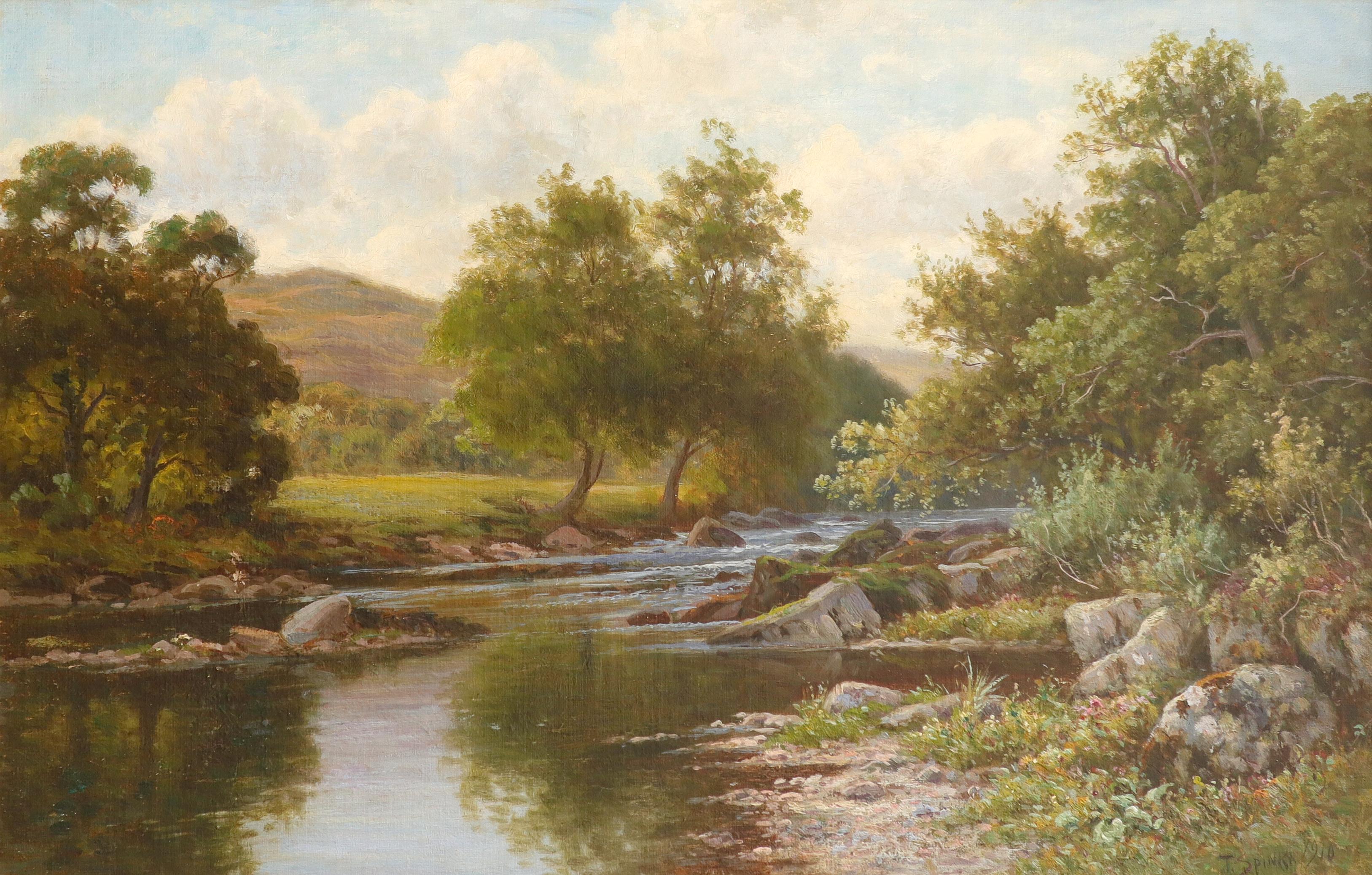 Thomas Spinks  Landscape Painting - Large Edwardian Oil Painting on Panel Tranquil River Landscape Welsh River