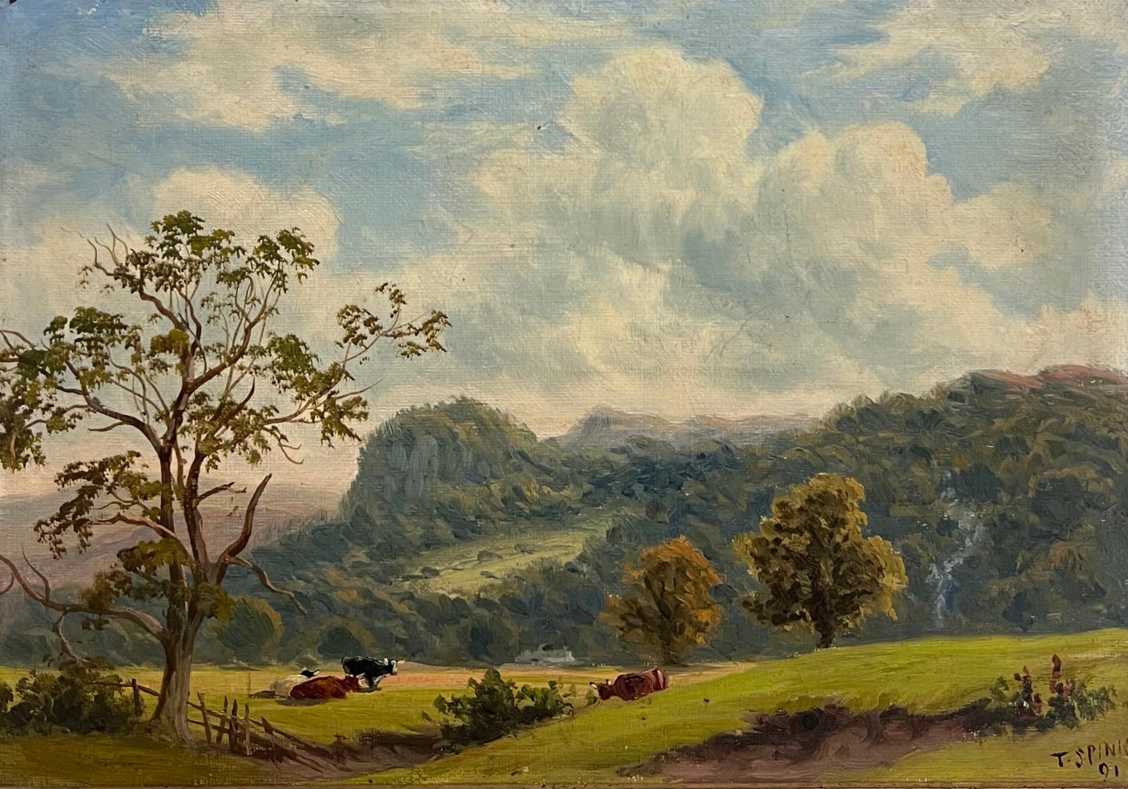 Feines viktorianisches englisches Ölgemälde Ruhige pastorale Landschaft mit Rindern 1891 – Painting von Thomas Spinks