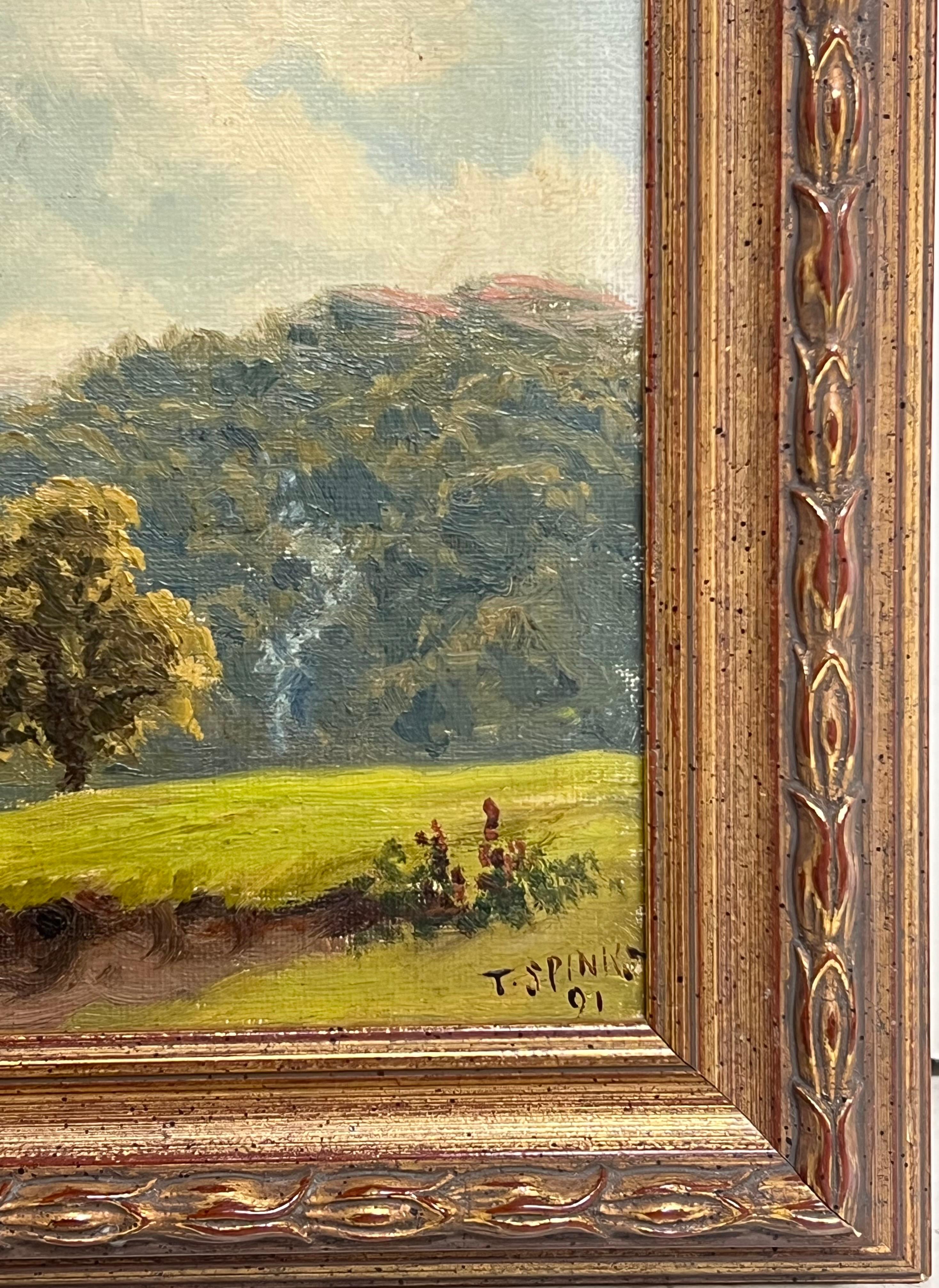 Feines viktorianisches englisches Ölgemälde Ruhige pastorale Landschaft mit Rindern 1891 (Braun), Portrait Painting, von Thomas Spinks
