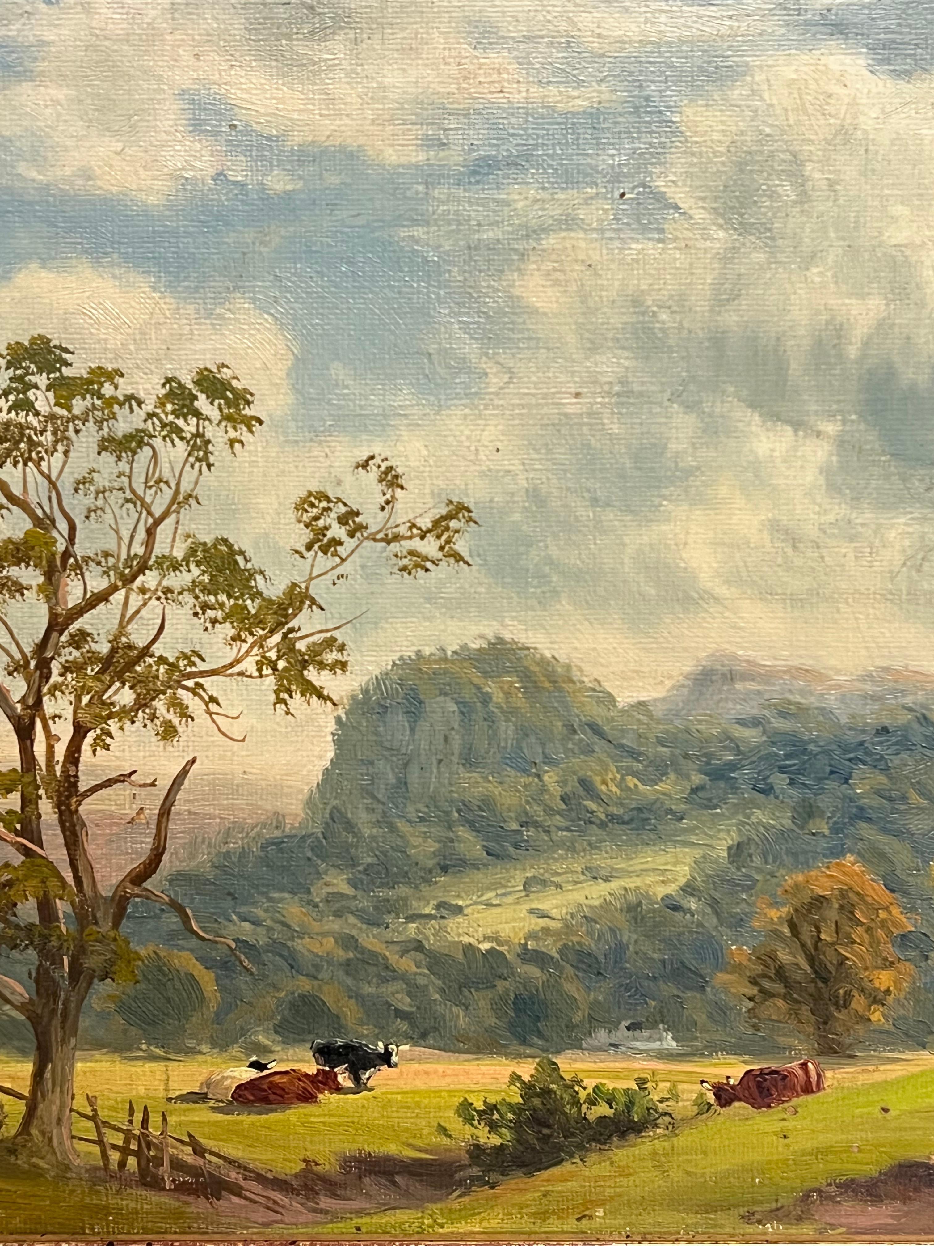 Feines viktorianisches englisches Ölgemälde Ruhige pastorale Landschaft mit Rindern 1891 im Angebot 1
