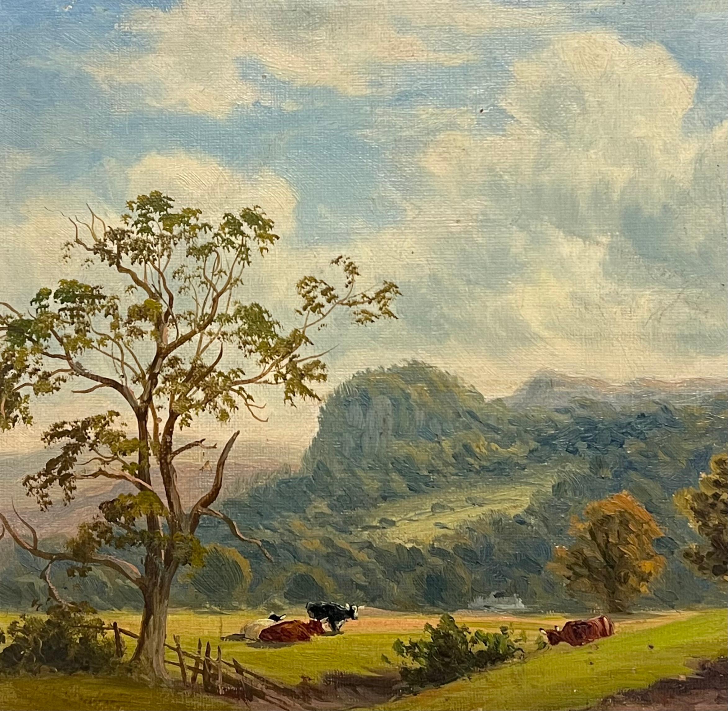 Feines viktorianisches englisches Ölgemälde Ruhige pastorale Landschaft mit Rindern 1891 im Angebot 2