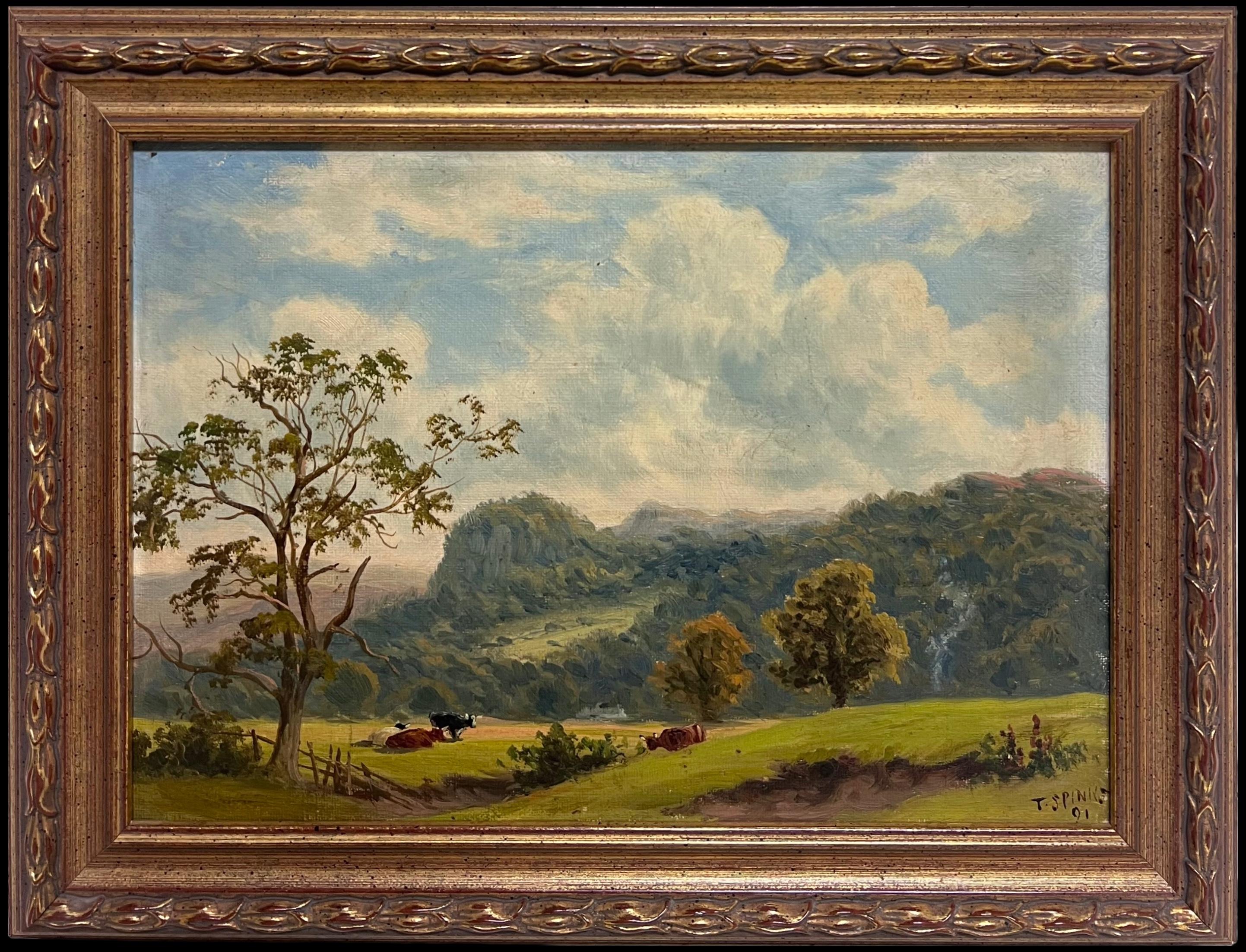 Thomas Spinks Portrait Painting – Feines viktorianisches englisches Ölgemälde Ruhige pastorale Landschaft mit Rindern 1891