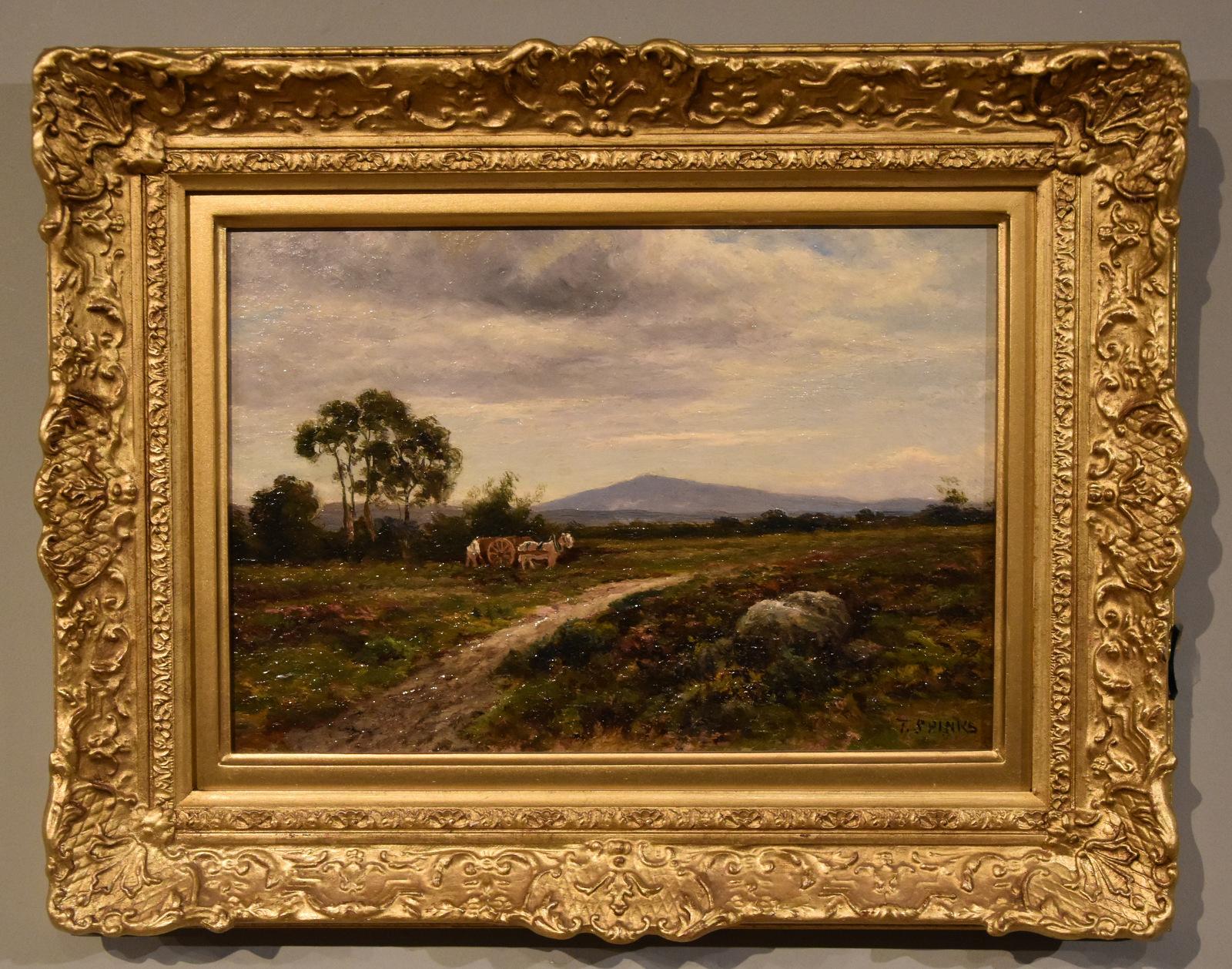 Dipinto a olio di Thomas Spinks "Sulle piane di Siabod vicino a Capel Curing, Galles del Nord" 1847-1927 Pittore di paesaggi del Wales del Nord e delle contee, ha esposto alla Royal Academy negli anni '70 del XIX secolo. Olio su tavola. Firmato e
