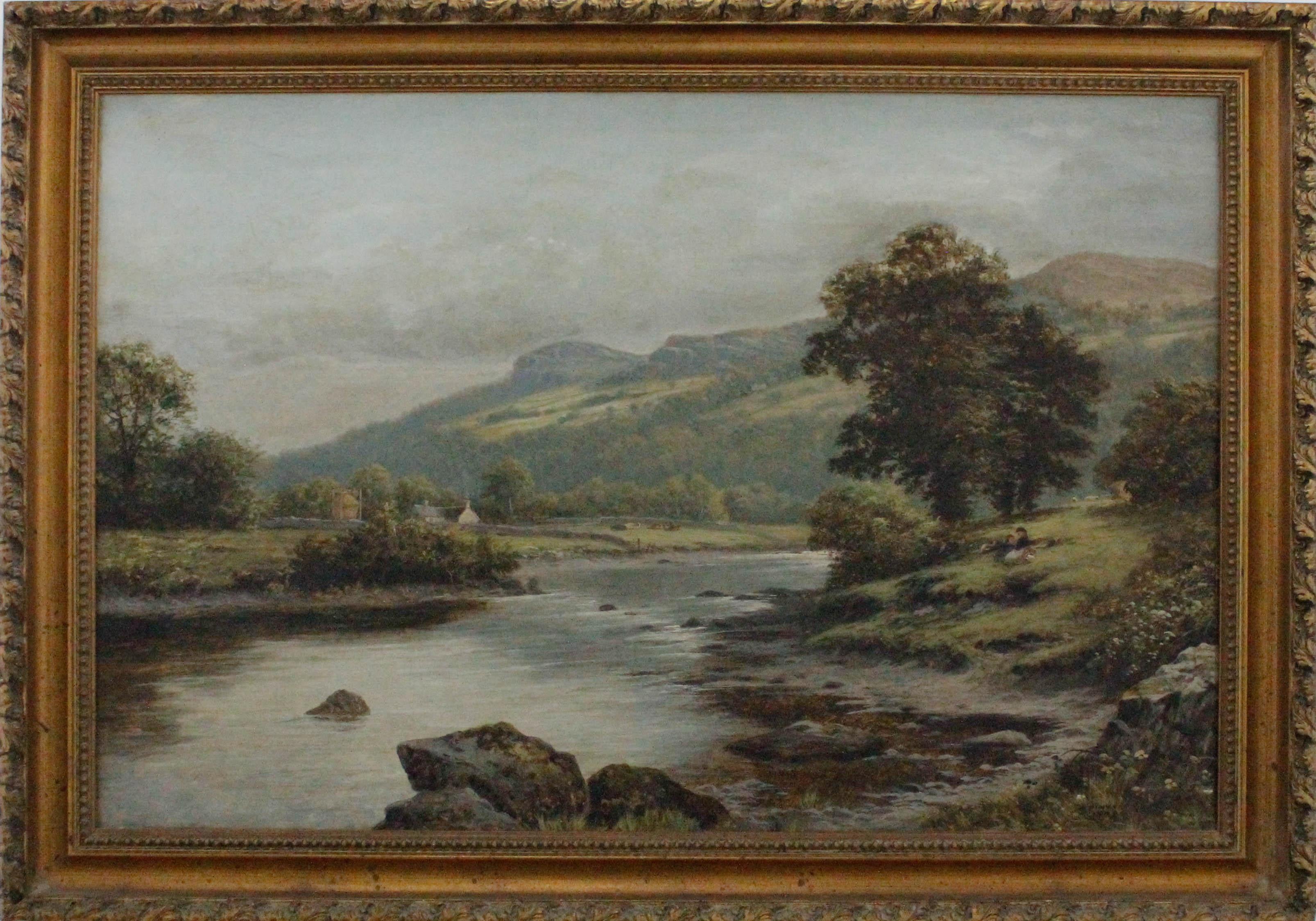 A verdant 19th Century landscape showing a winding river sparkling in the summer sun. Two young girls sit in the grass on the bank to the right and cattle graze in pastures in the distance with the valley rising up into the lush green hillside. The