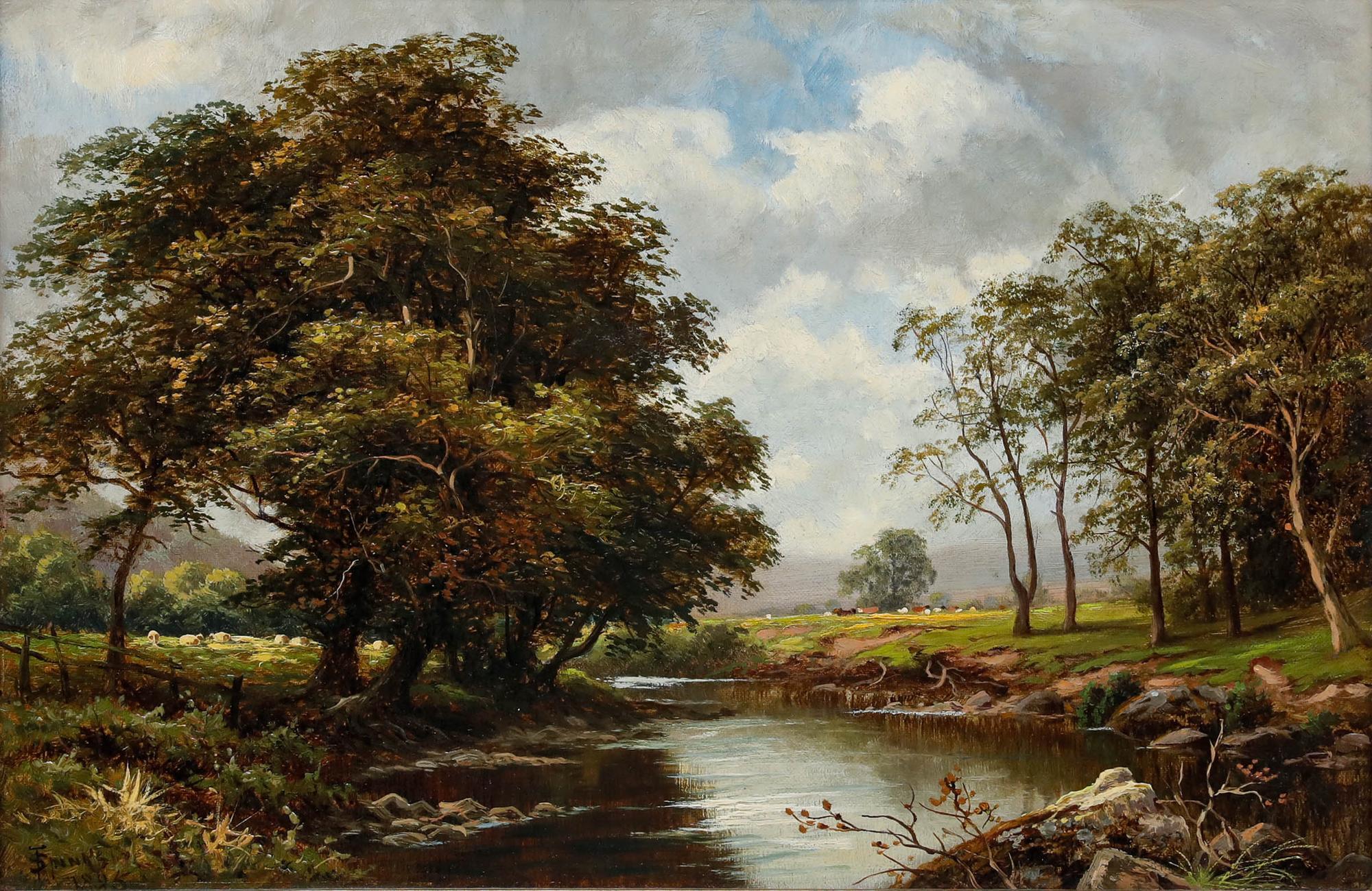 Thomas Spinks (1847-1927) - 1885 Oil, A Tranquil Summer River For Sale 1