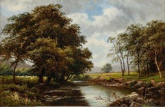 Thomas Spinks (1847-1927) - Olio del 1885, Un tranquillo fiume estivo