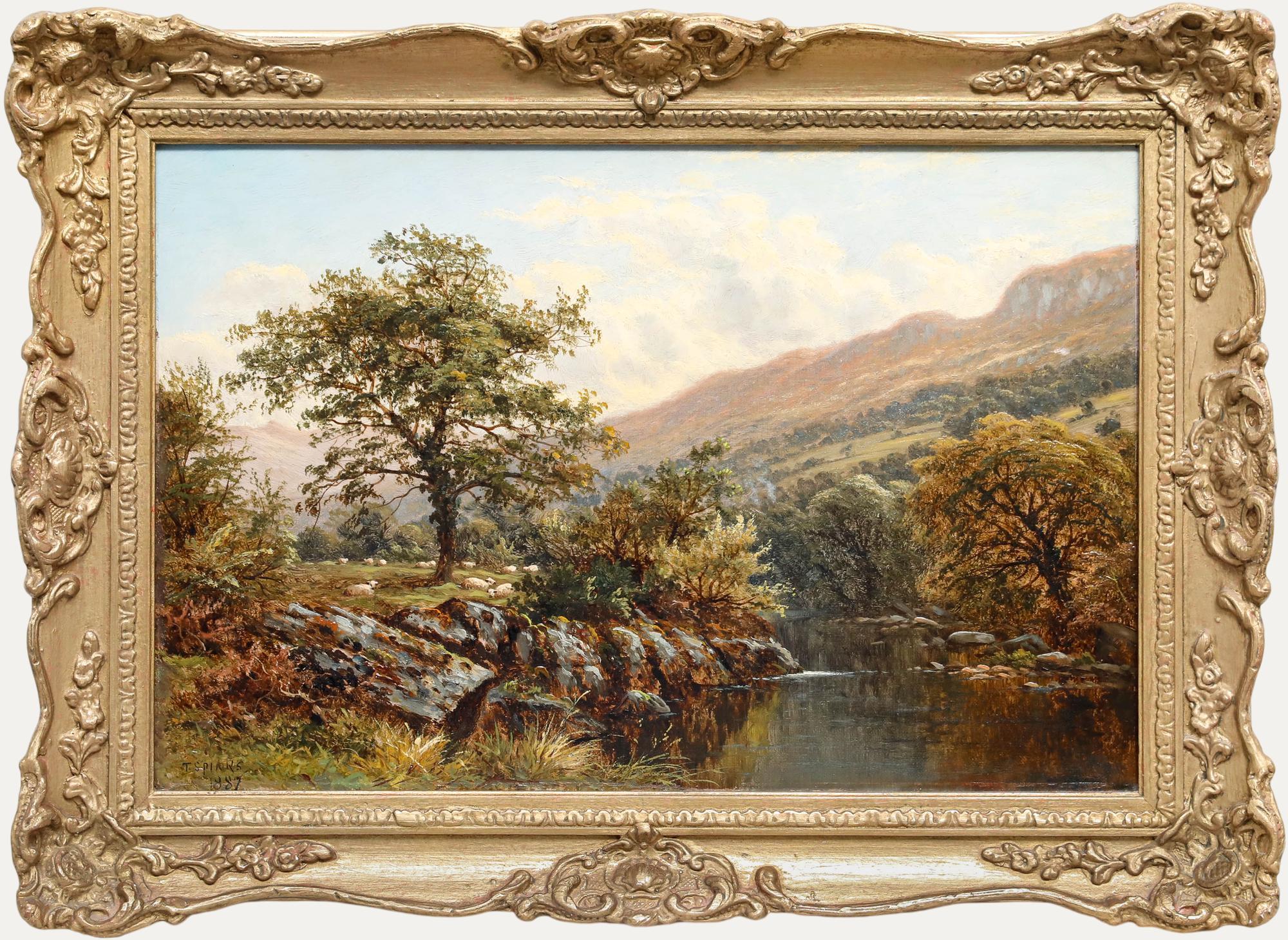 A charming pastoral landscape painting depicting a serene countryside scene featuring a prominent oak tree alongside a gentle stream, with rolling hills and mountains stretching into the distance. The composition leads the viewer's eye through the
