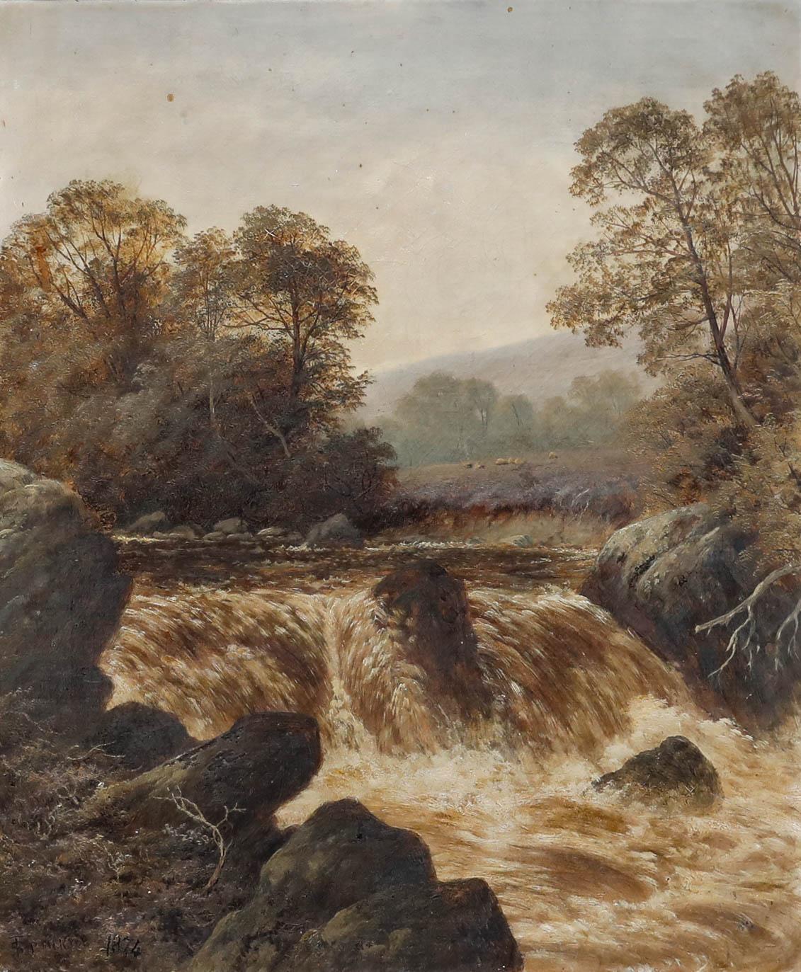 Thomas Spinks (1847-1927) - Gerahmtes Ölgemälde, Die Wasserfälle in Pandy Mill im Angebot 1
