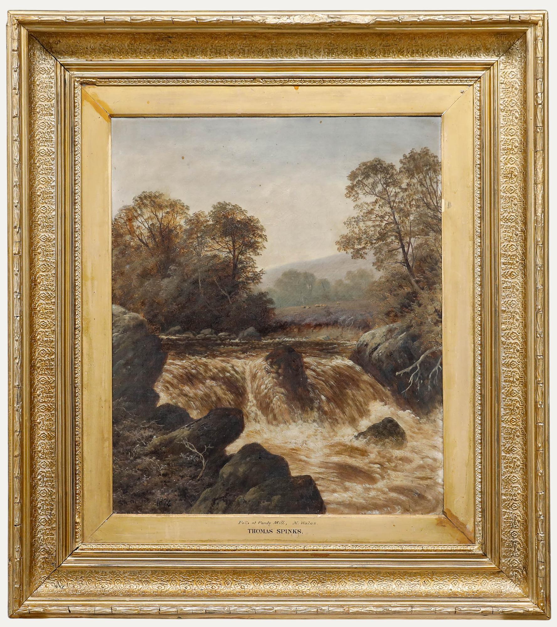 Dieses stimmungsvolle Ölgemälde von Thomas Spinks (1847-1927) zeigt die rauschenden Wasserfälle in der Nähe von Pandy Mill, Bettws-y-coed, mit turbulenten Wasserfällen, die über große Felsen stürzen. Das Gemälde ist in einem schönen Goldrahmen mit