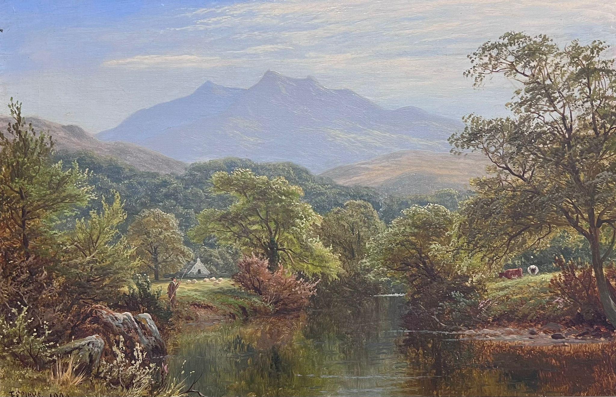 Victorian Oil Figure Fly Fishing in Peaceful Mountain Valley Serene Landscape - Painting by Thomas Spinks