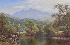 Victorian Oil Figure Fly Fishing in Peaceful Mountain Valley Serene Landscape