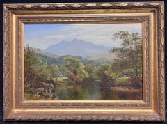 Victorian Oil Figure Fly Fishing in Peaceful Mountain Valley Serene Landscape