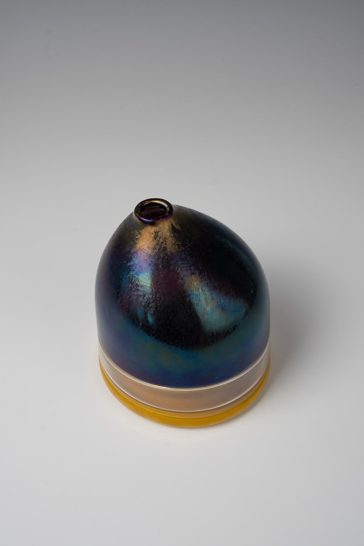 Thomas Stearns (1936-2006), 'Cappello del Doge' vase, ca. 1962 
double incalmo glass oval vase with asymmetrical spout, mustard yellow glass base and black anthracite glass top
produced by Venini & C., Murano, Italy
15.5 x 13.5 x 12 cm (base)
signed