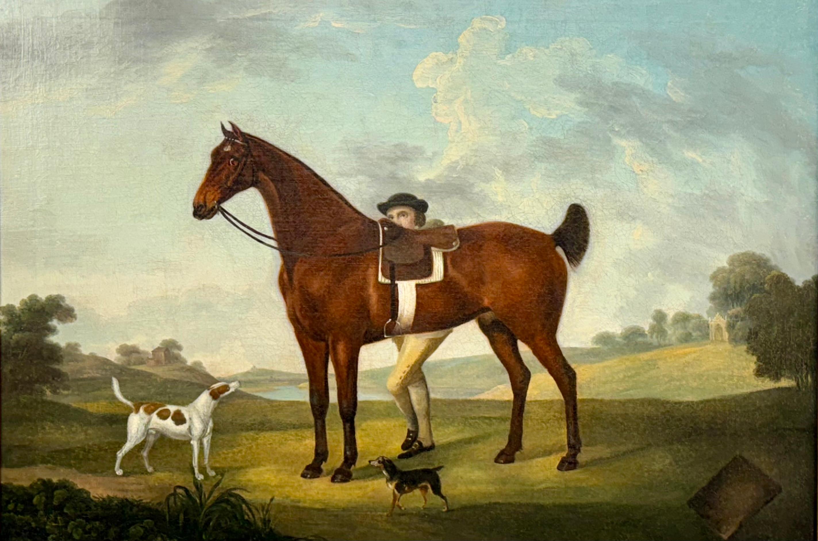 Uno stalliere con un cacciatore baio in sella e cani in un vasto paesaggio - Animal Painting Marrone di Thomas Stringer