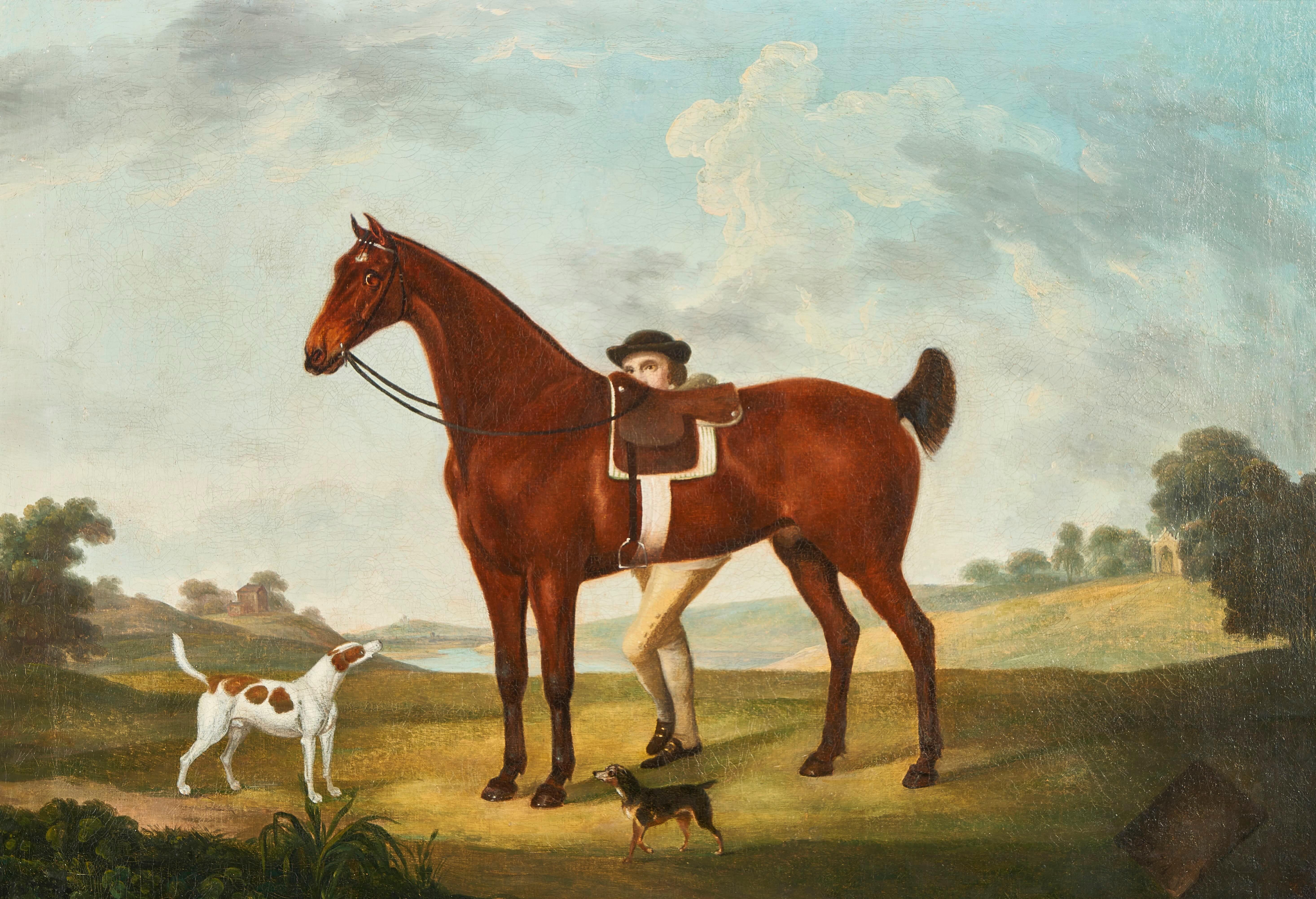 Uno stalliere con un cacciatore baio in sella e cani in un vasto paesaggio - Painting di Thomas Stringer