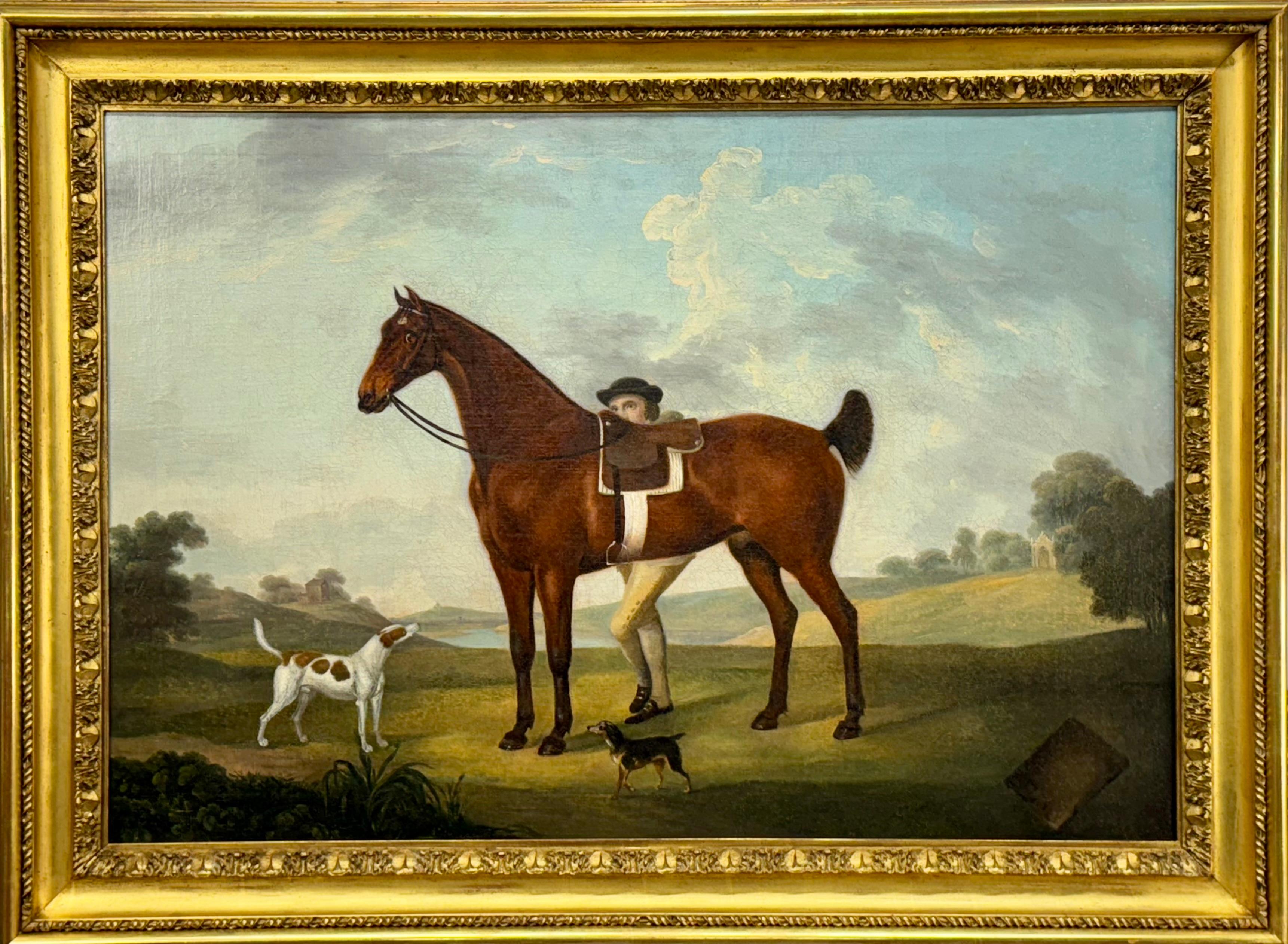 Uno stalliere con un cacciatore baio in sella e cani in un vasto paesaggio - Painting Antichi maestri di Thomas Stringer