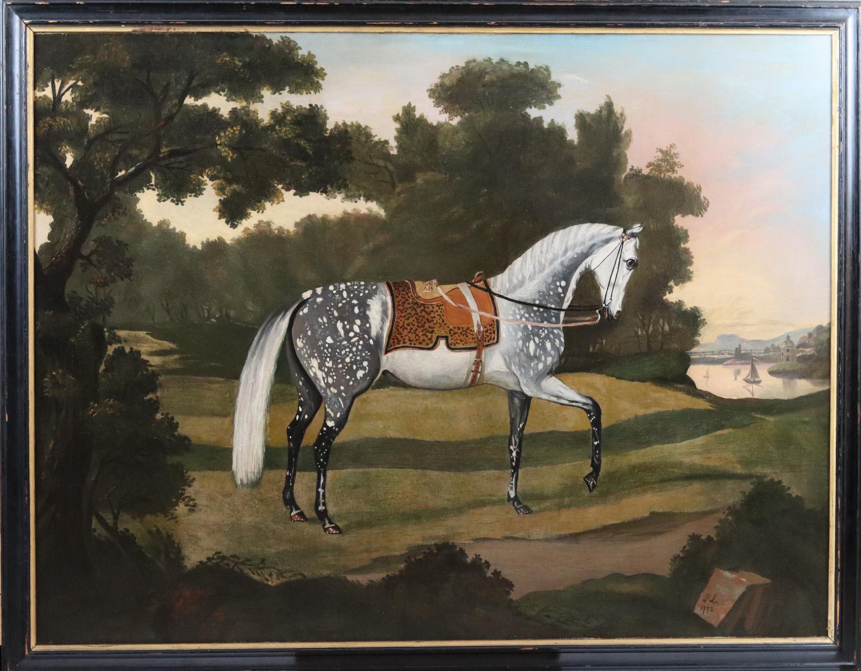 A Saddled Dapple-Grey Arabian Horse, in Landscape - Painting by thomas stringer