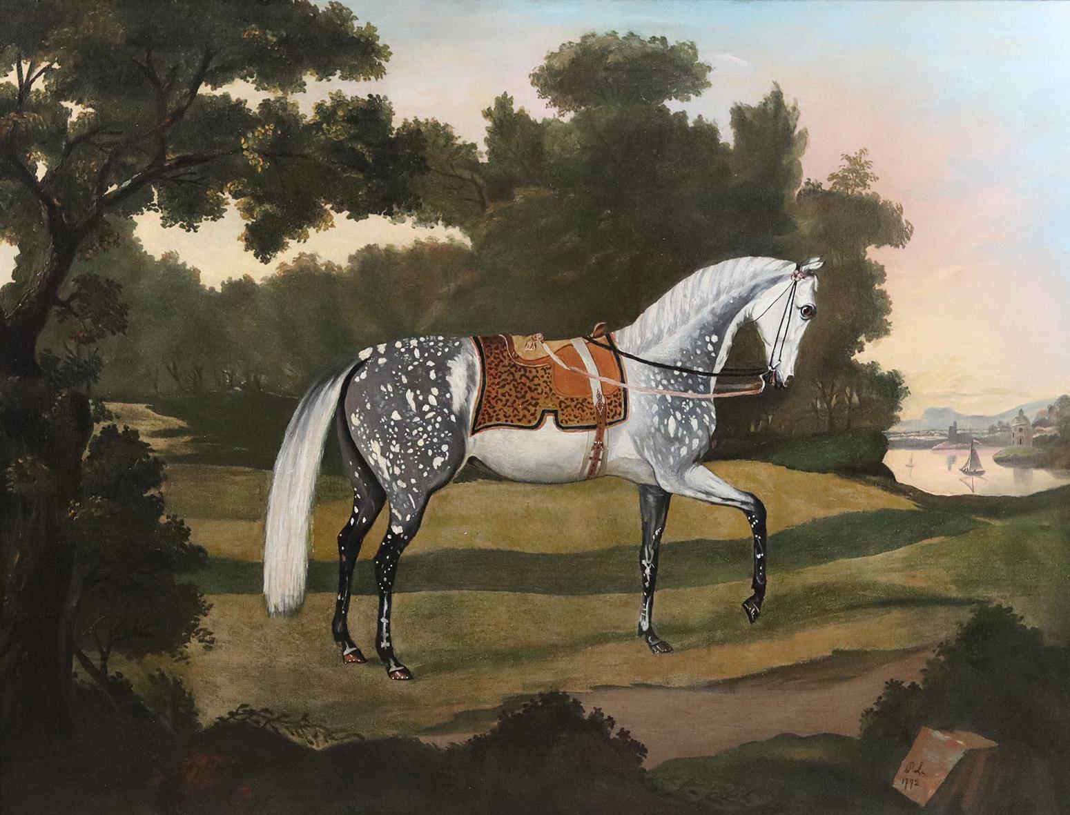 thomas stringer Animal Painting - A Saddled Dapple-Grey Arabian Horse, in Landscape