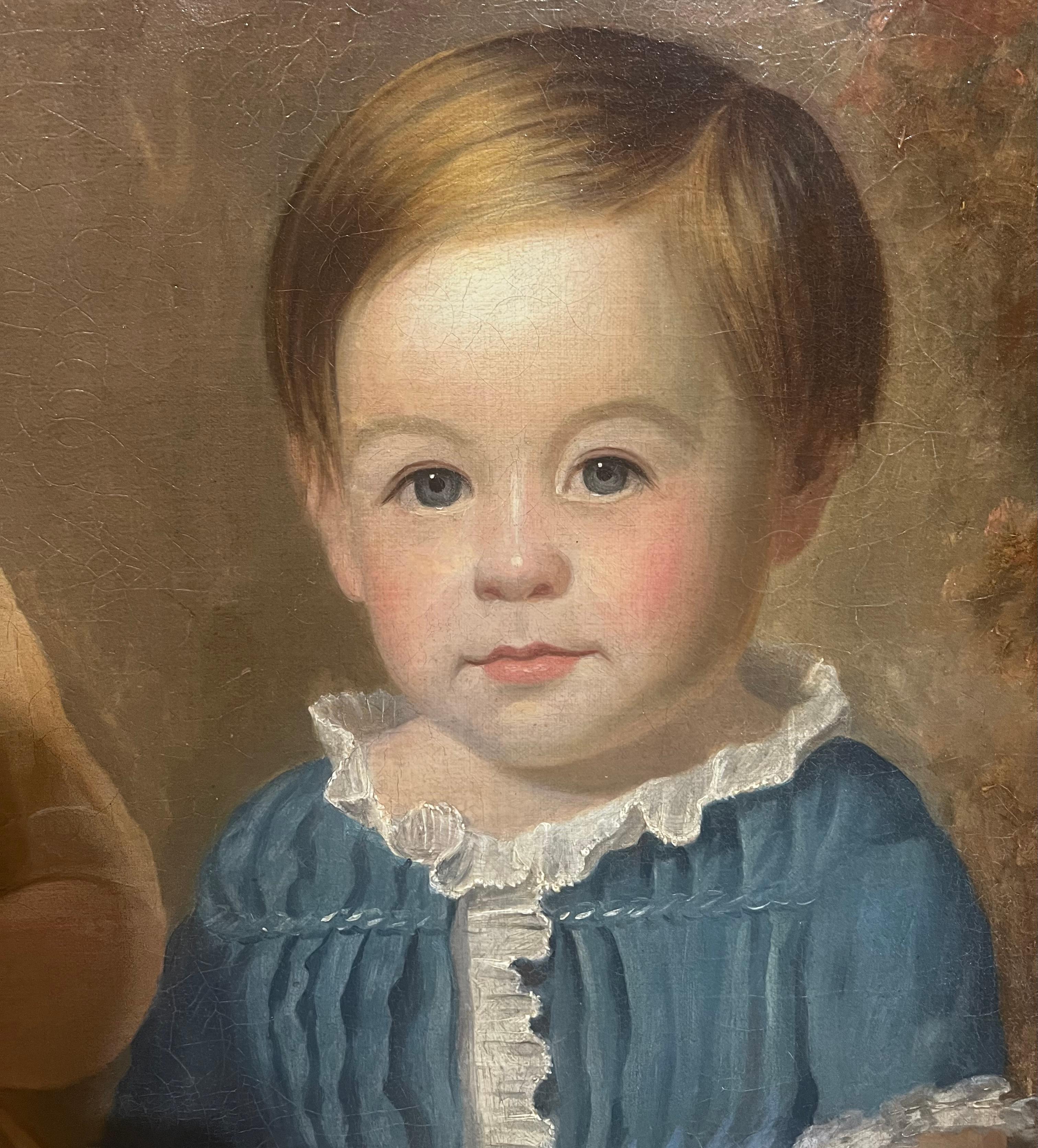 Grand portrait américain ancien de SIBLINGS aux yeux bleus  Peinture  en vente 7