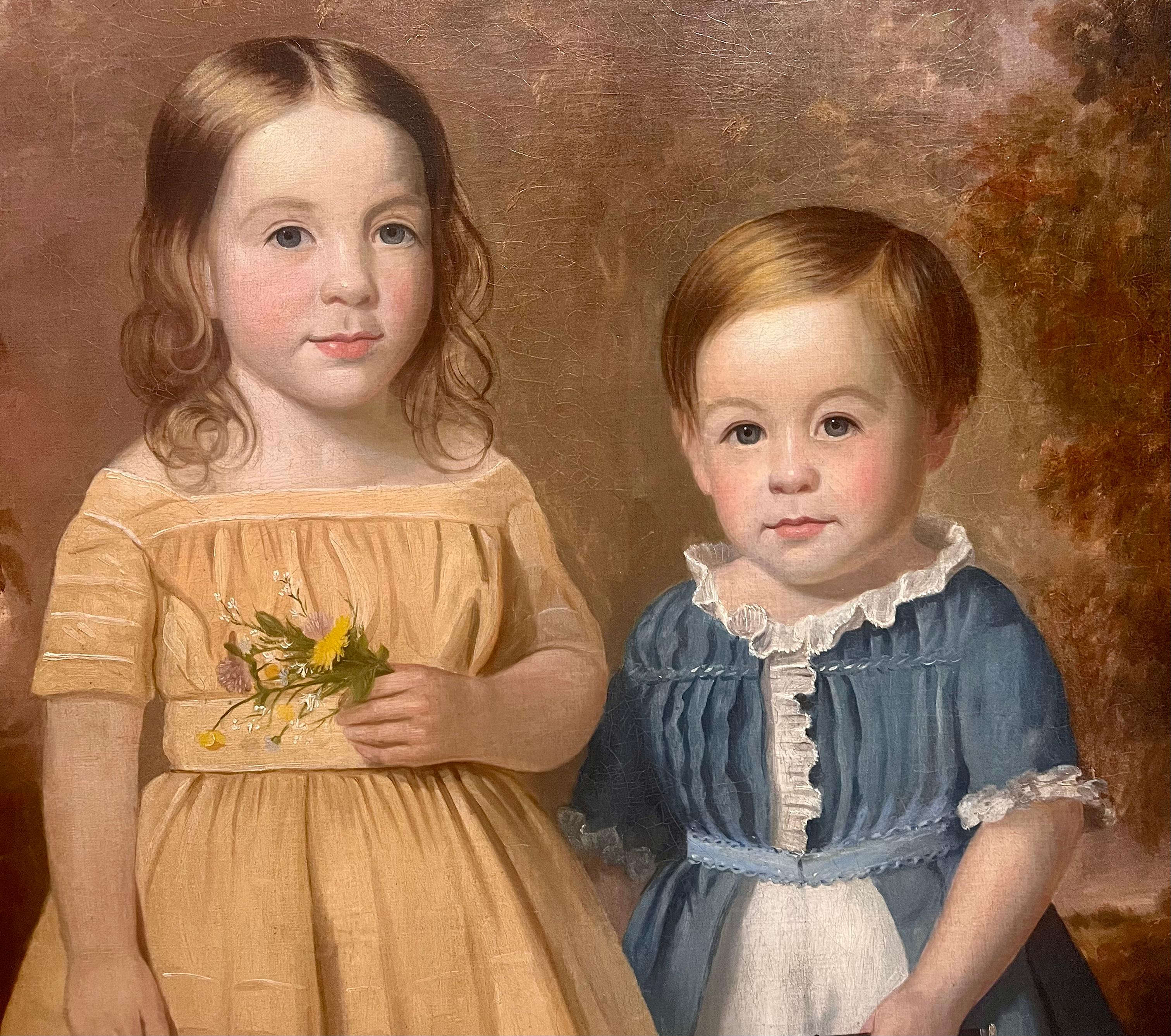 Probably one of the most amazing detailed American 19th century folk art paintings I have ever owned!!! I have attached a picture of my 3 year old next to it, so you can see how beautiful the painting is

Life size siblings, most likely a prominent
