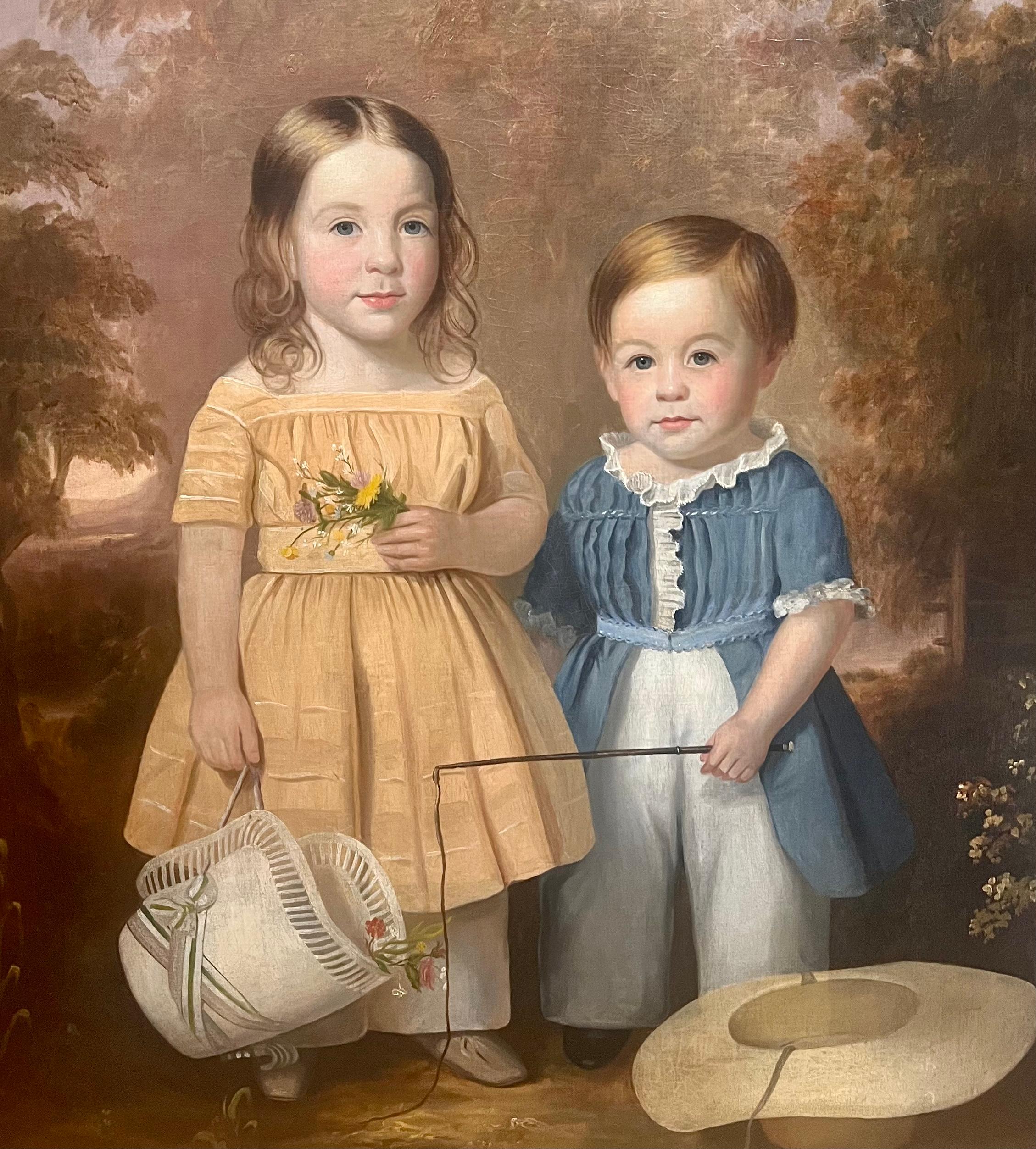 Thomas Sully Figurative Painting - Large Antique American Southern Folk Art BLUE EYED SIBLINGS Portrait  Painting 