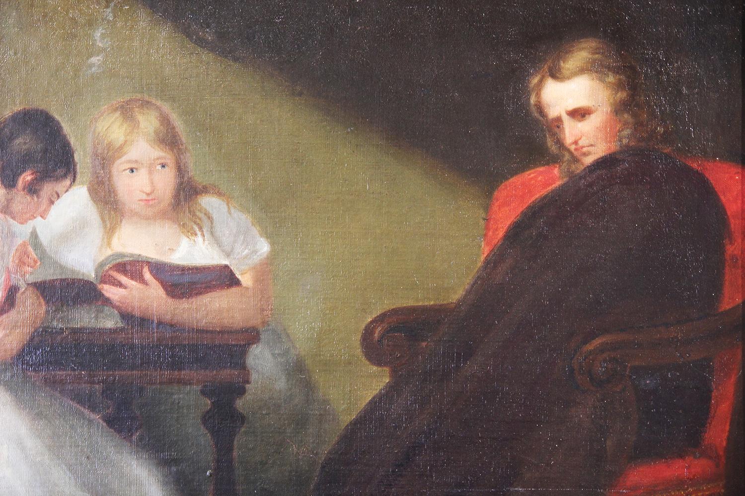 Scene of a seated headmaster watching over a pair of studying students in the style of Romanticism. The work has been attributed to the renowned American portrait artist Thomas Sully. Hung in a gold wooden frame with decorative carvings.