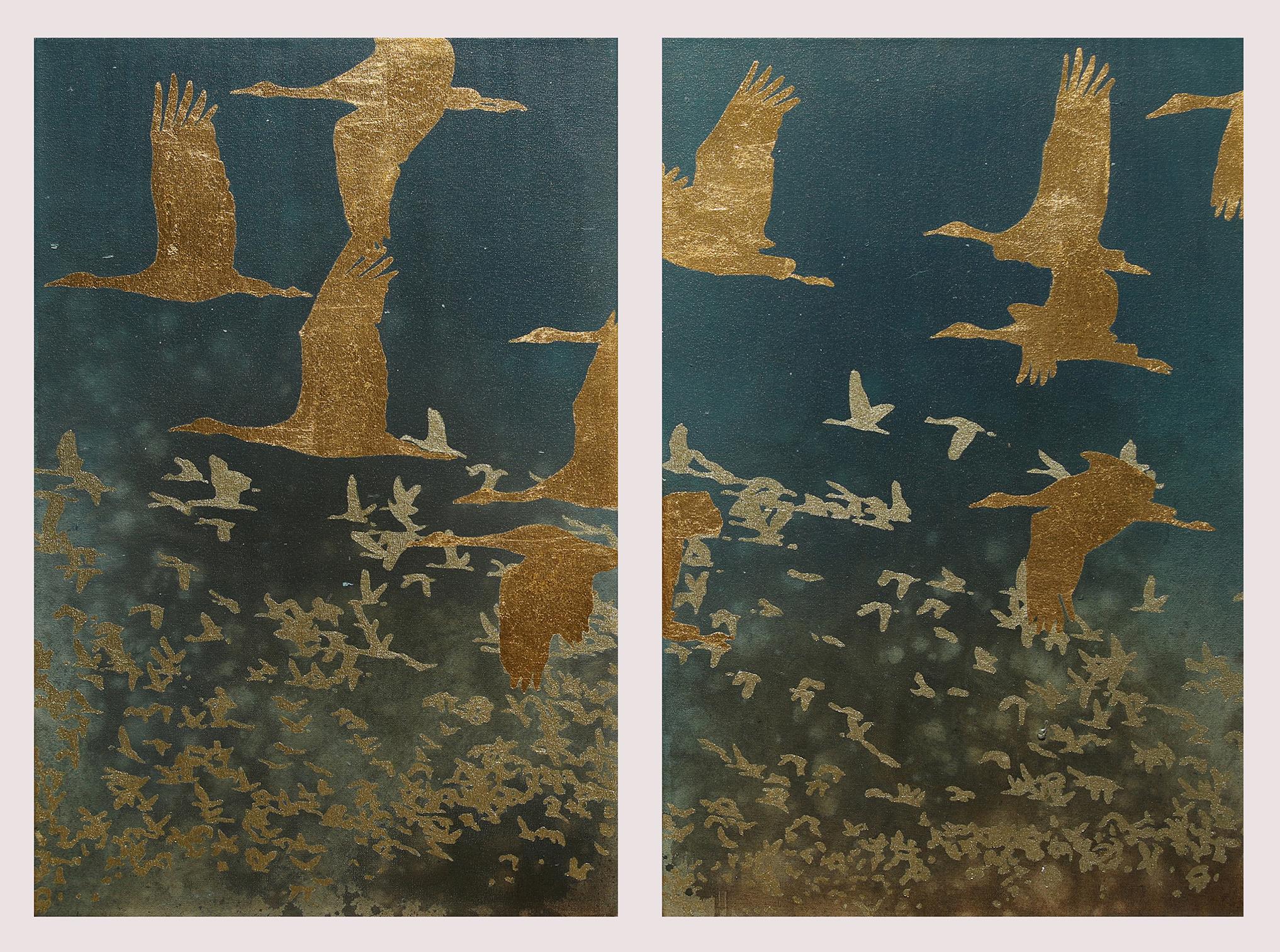 Thomas Swanston Figurative Painting - Cranes at Dusk