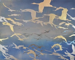 Flying Past Blue: Contemporary Abstract Gold Leaf Painting