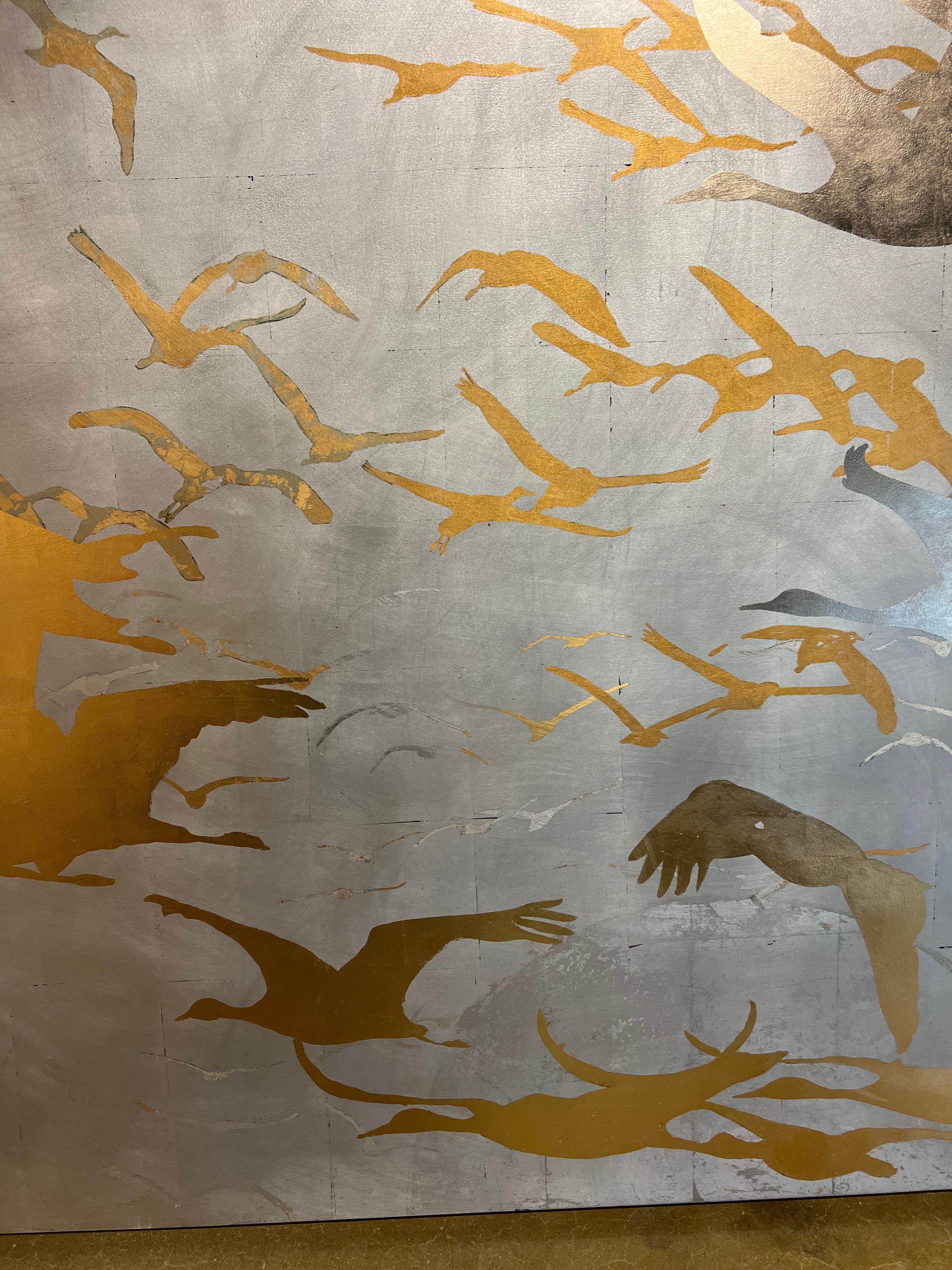 This painting is in excellent condition and has only been shown in a gallery setting.  Please note that given the characteristics of the silver and gold leafing the work will photograph and look different under various types of light.  

Using