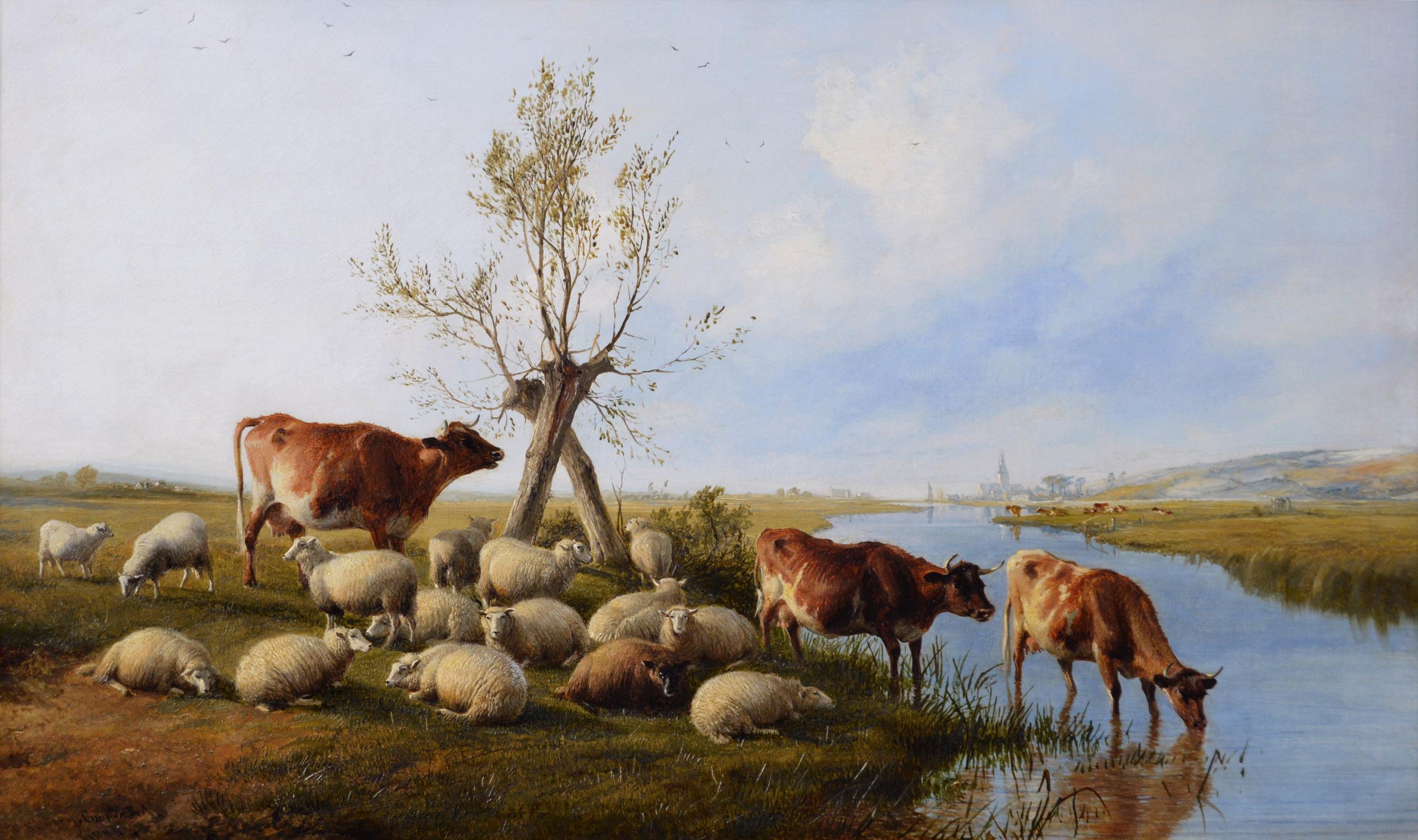19th Century landscape animal oil painting of cattle & sheep by a river - Painting by Thomas Sidney Cooper