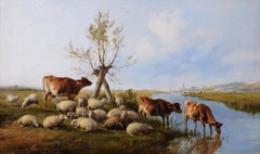 19th Century landscape animal oil painting of cattle & sheep by a river