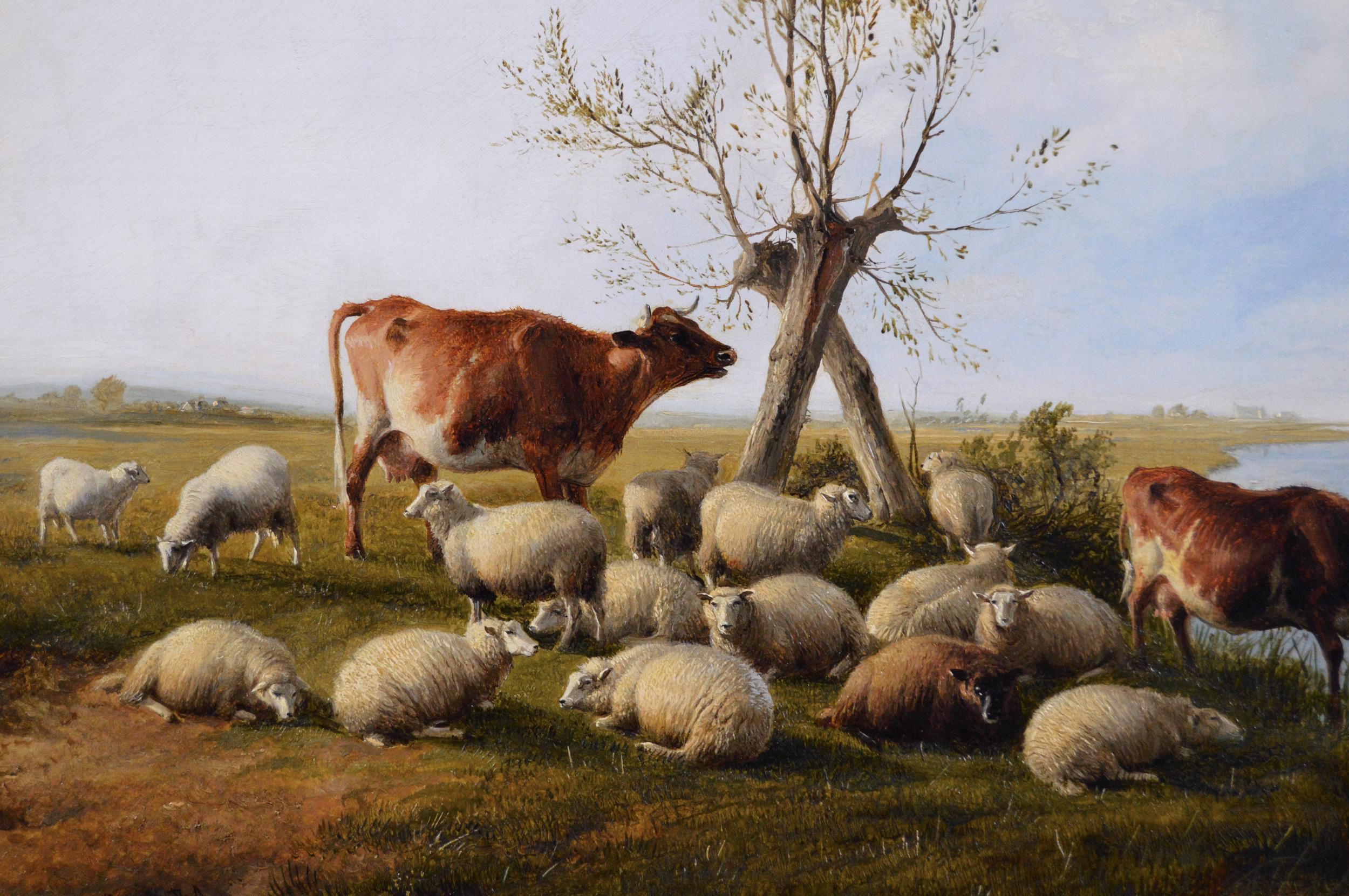 Landschafts- und Tiergemälde des 19. Jahrhunderts, Ölgemälde von Rindern und Schafen an einem Fluss (Viktorianisch), Painting, von Thomas Sidney Cooper