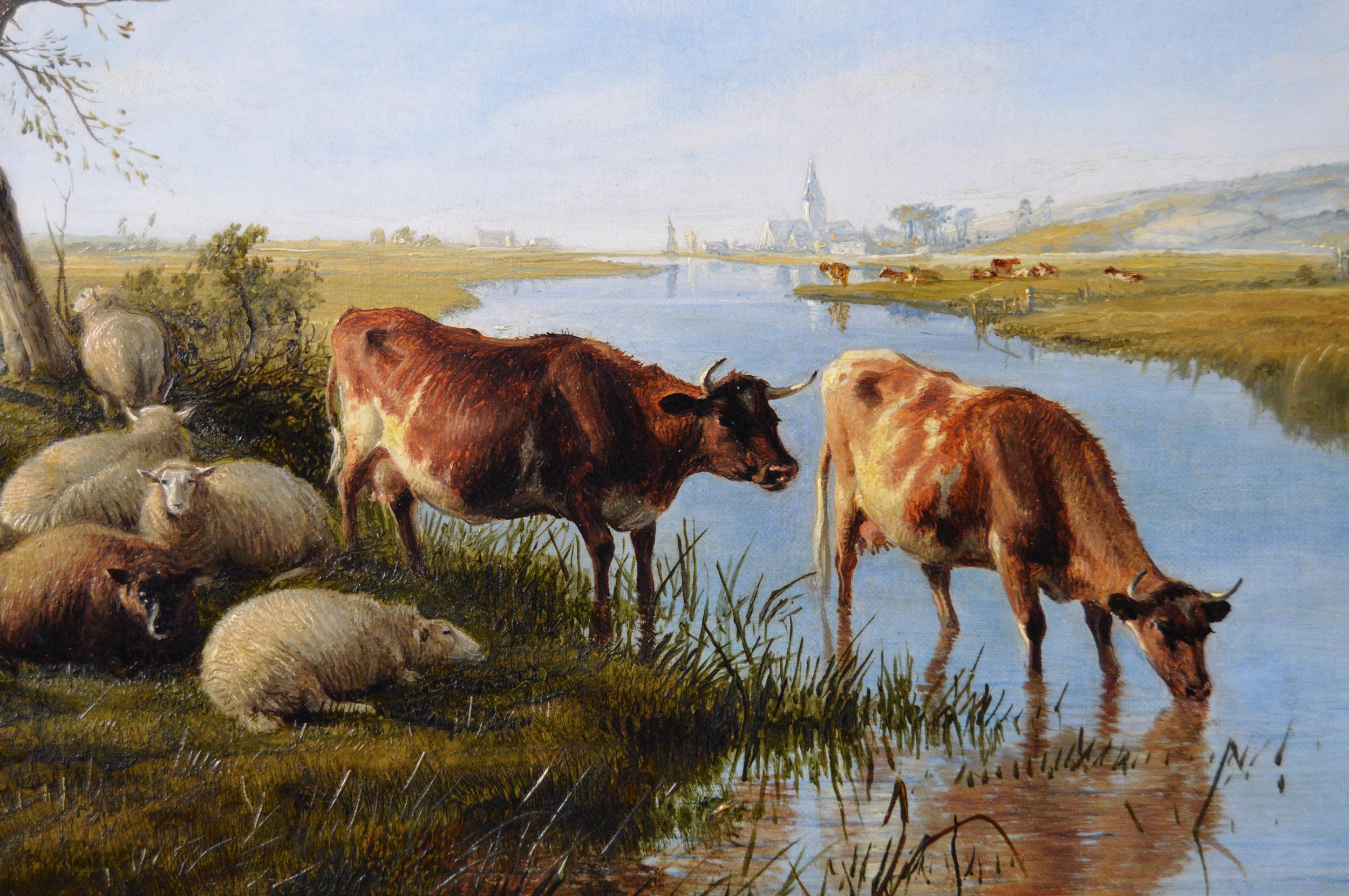 Landschafts- und Tiergemälde des 19. Jahrhunderts, Ölgemälde von Rindern und Schafen an einem Fluss (Braun), Landscape Painting, von Thomas Sidney Cooper