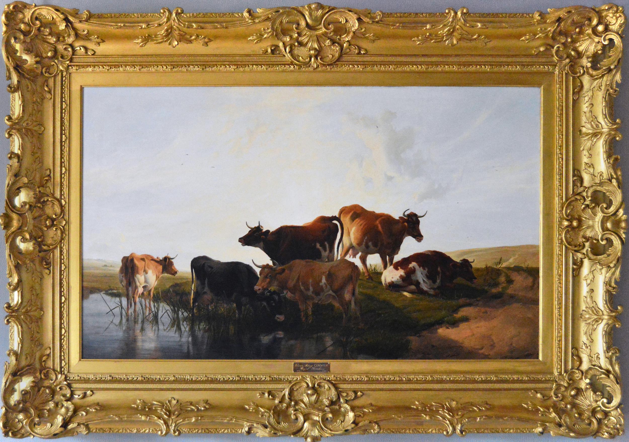 19th Century landscape oil painting of cattle resting