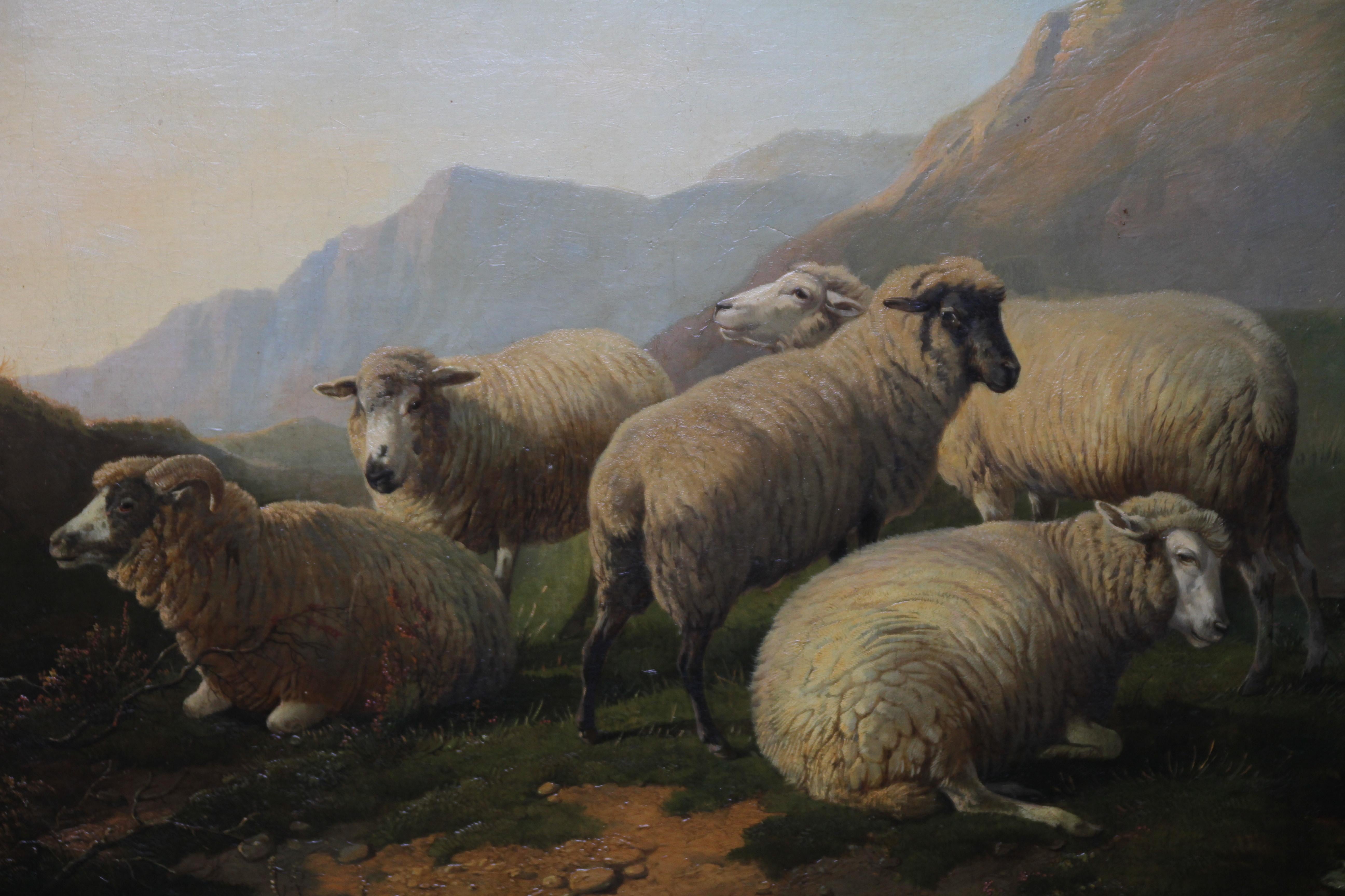 Sheep in an Open Landscape - British Old Master oil painting mountains - Old Masters Painting by Thomas Sidney Cooper