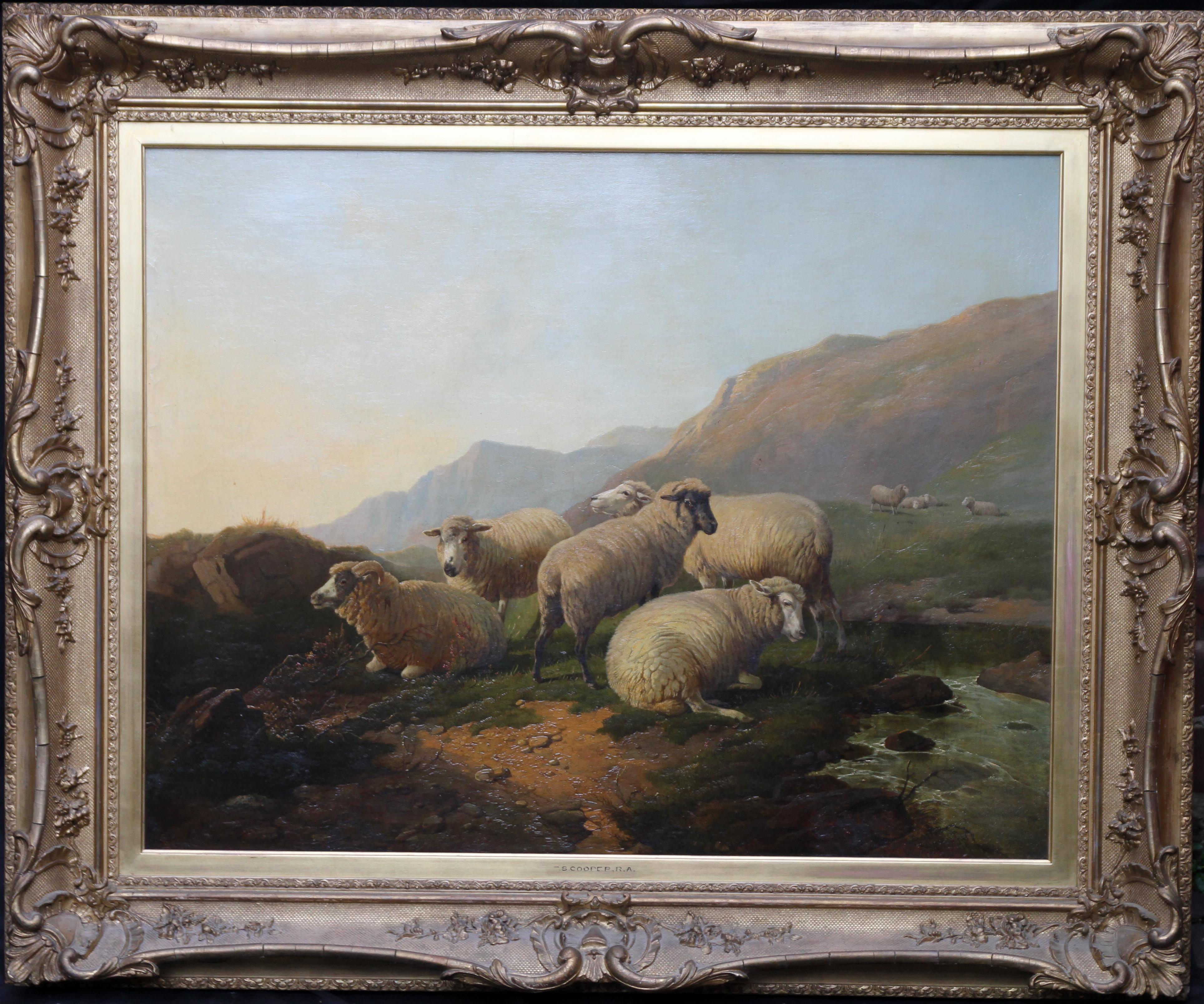 Sheep in an Open Landscape - British Old Master oil painting mountains 3