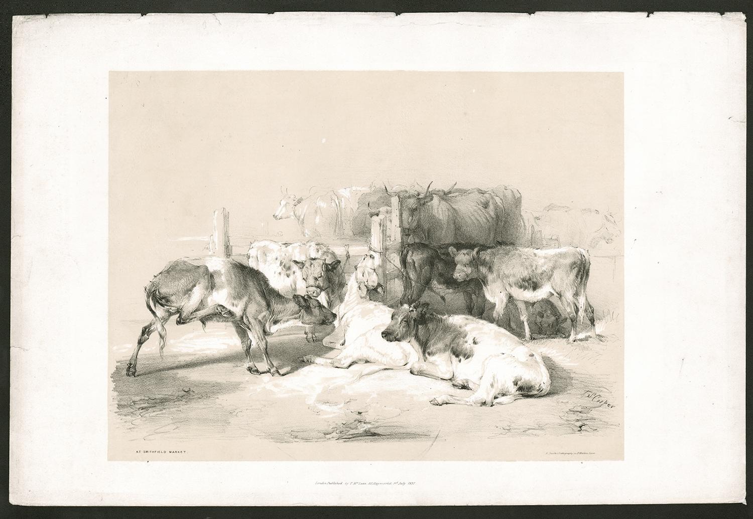 En el mercado de Smithfield, litografía tintada de ganado, por Thomas Sydney Cooper, 1837 - Print de Thomas Sidney Cooper