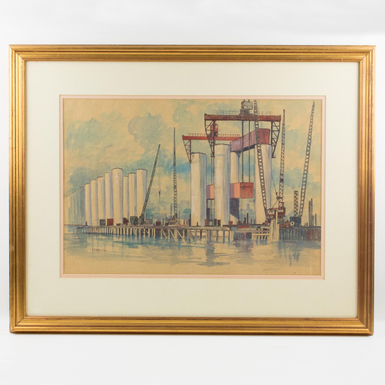 Pastel and ink painting on Vellum paper by Thomas Symington Halliday (1902 - 1998), titled: Bridge Construction, and signed bottom left corner: T.S. Halliday.
This interesting industrial composition likely features the construction of a bridge in