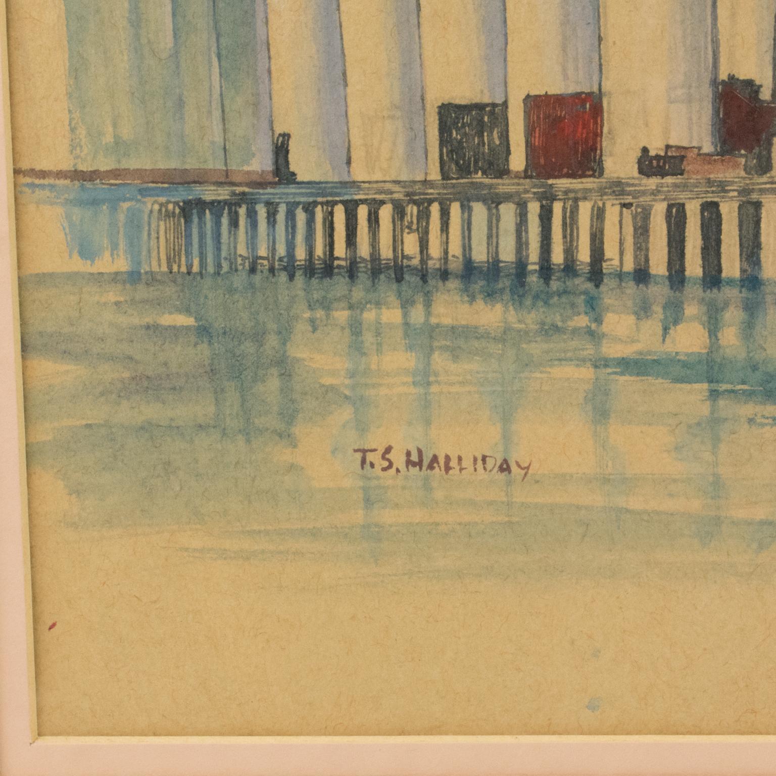 Industrial Bridge Construction Seascape Pastel Painting by Thomas S. Halliday For Sale 1