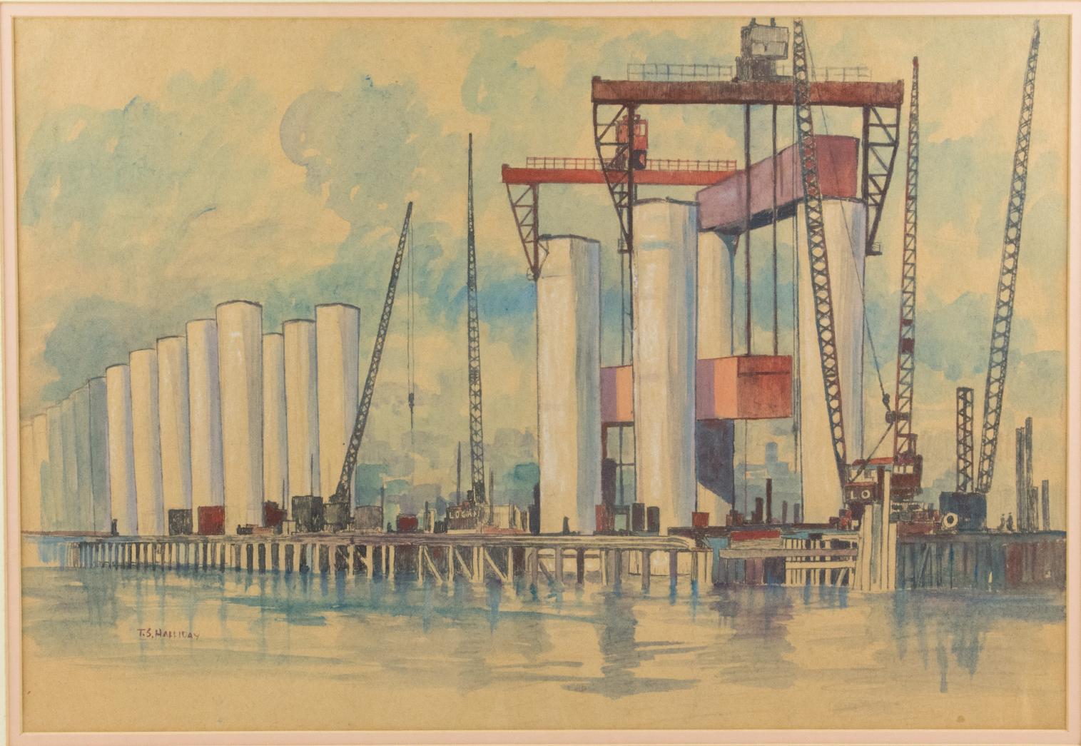 Industrial Bridge Construction Seascape Pastel Painting by Thomas S. Halliday For Sale 4