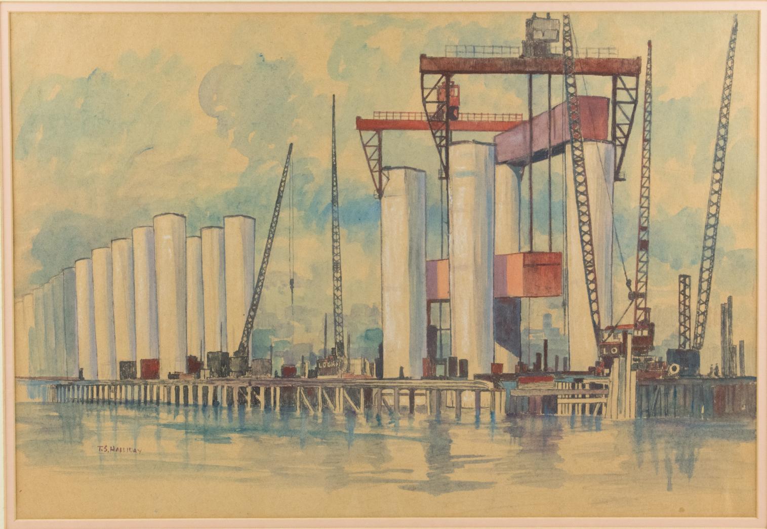 Industrial Bridge Construction Seascape Pastel Painting by Thomas S. Halliday 3