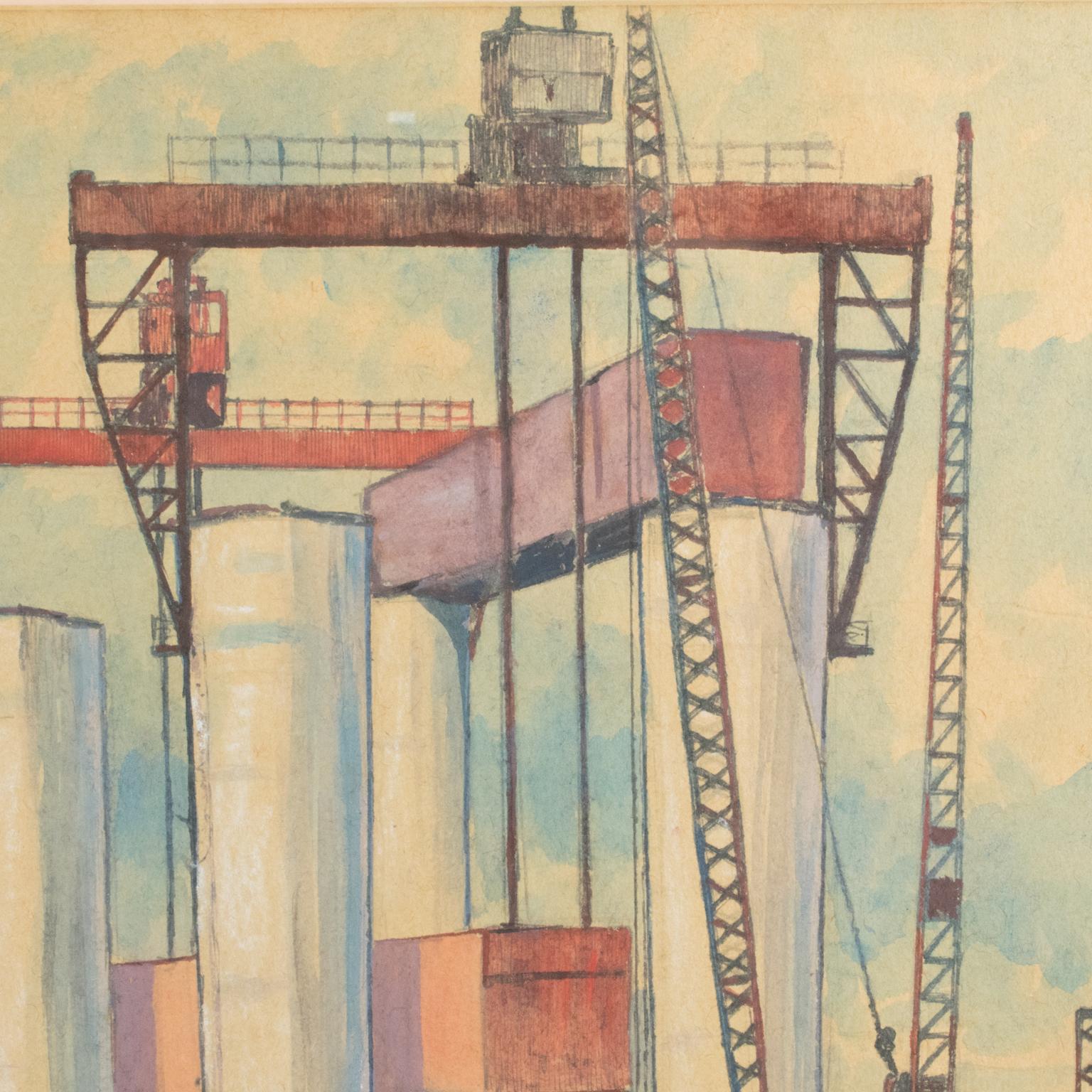 Industrial Bridge Construction Seascape Pastel Painting by Thomas S. Halliday For Sale 5