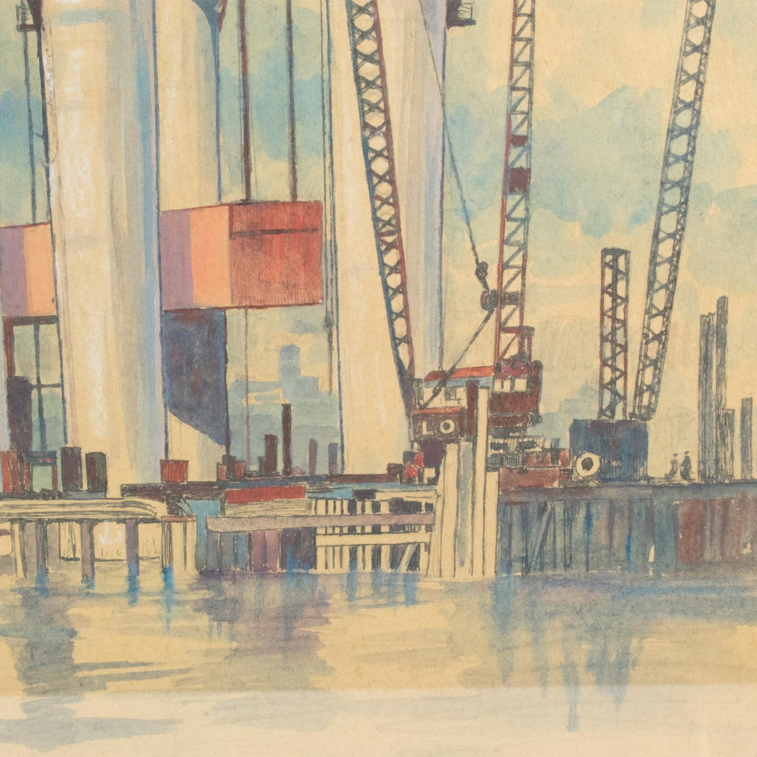 Industrielle Brückenkonstruktion, Meereslandschaft, Pastellgemälde von Thomas S. Halliday im Angebot 4