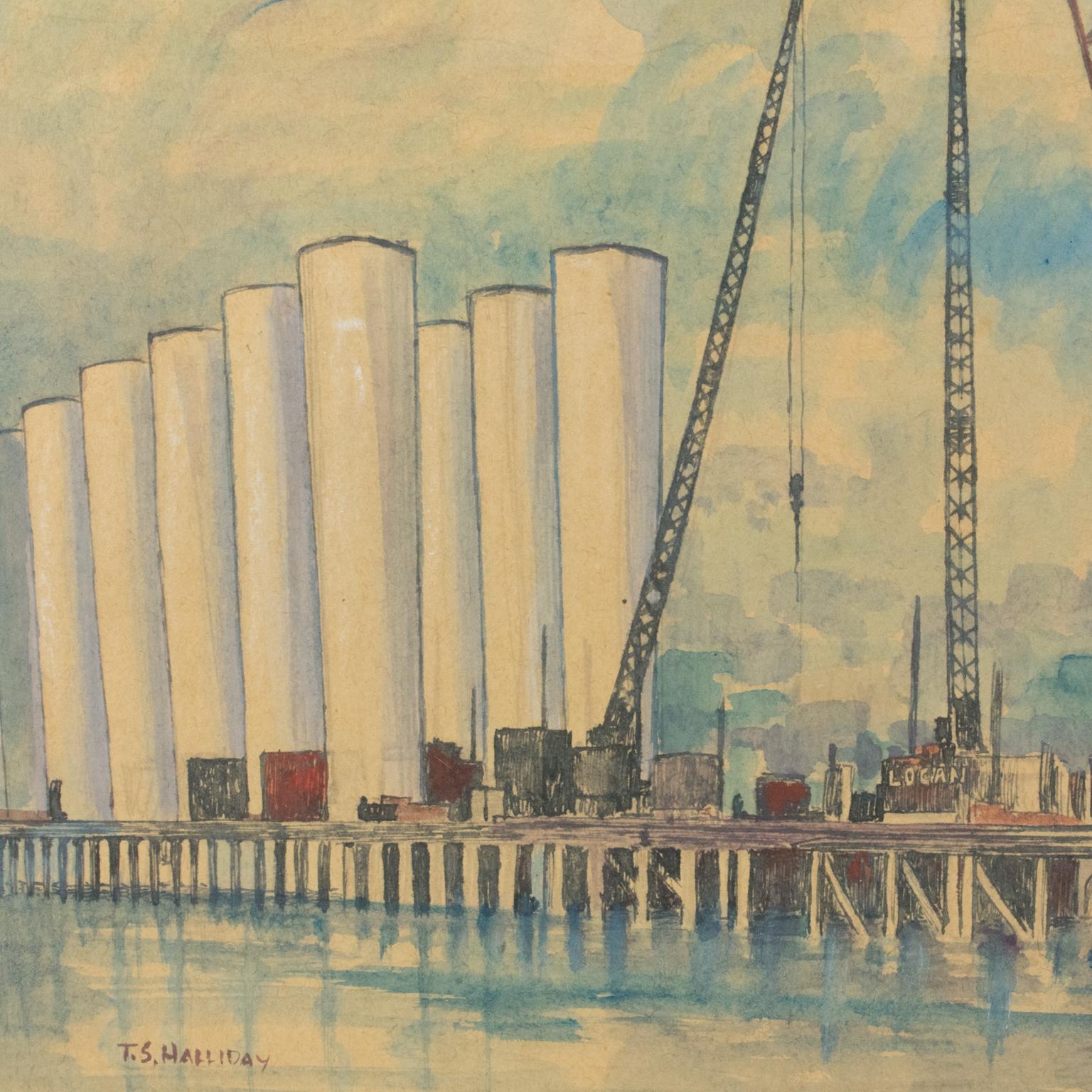 Industrial Bridge Construction Seascape Pastel Painting by Thomas S. Halliday For Sale 7