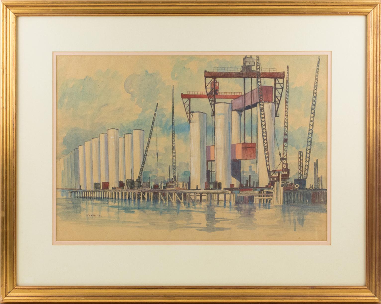 Thomas Symington Halliday Landscape Painting – Industrielle Brückenkonstruktion, Meereslandschaft, Pastellgemälde von Thomas S. Halliday